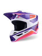 Alpinestars S-M3 Heat Helm ECE 22.06, Motocross-Helm, Weiß, Violett und Rosa glänzend, Dreiviertel-Vorderansicht mit markanten geometrischen Grafiken, belüftetem Kinnbügel und aerodynamischem Helmschirm, Offroad-Rennschutz