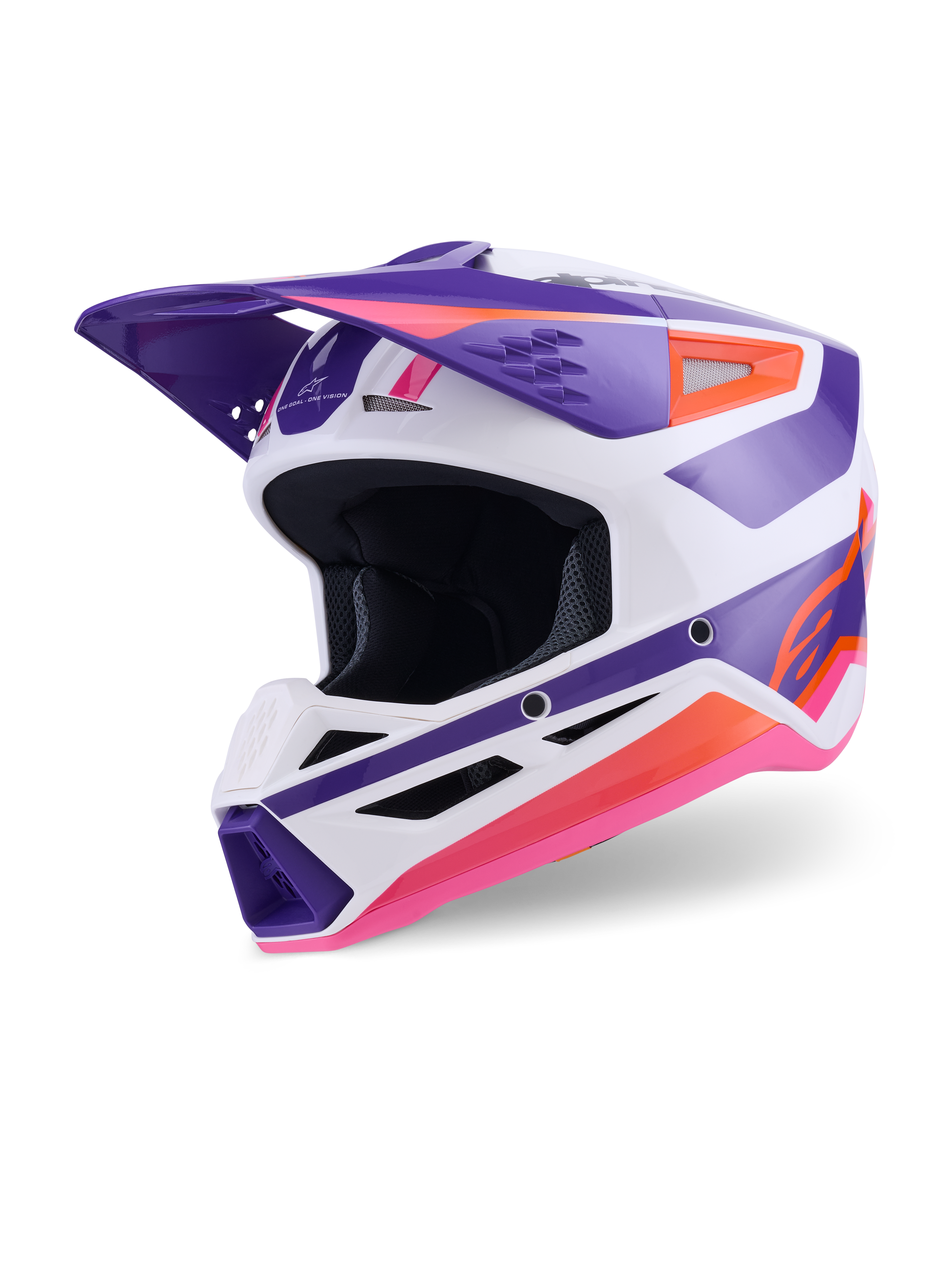 Alpinestars S-M3 Heat Helm ECE 22.06, Motocross-Helm, Weiß, Violett und Rosa glänzend, Dreiviertel-Vorderansicht mit markanten geometrischen Grafiken, belüftetem Kinnbügel und aerodynamischem Helmschirm, Offroad-Rennschutz