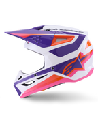 Alpinestars S-M3 Heat Helm ECE 22.06, Motocross-Helm, Weiß, Lila und Pink glänzend mit orangen Akzenten, Seitenprofil mit kantigem Grafikdesign, Belüftungsöffnungen und glänzendem Finish für den Offroad-Rennsport