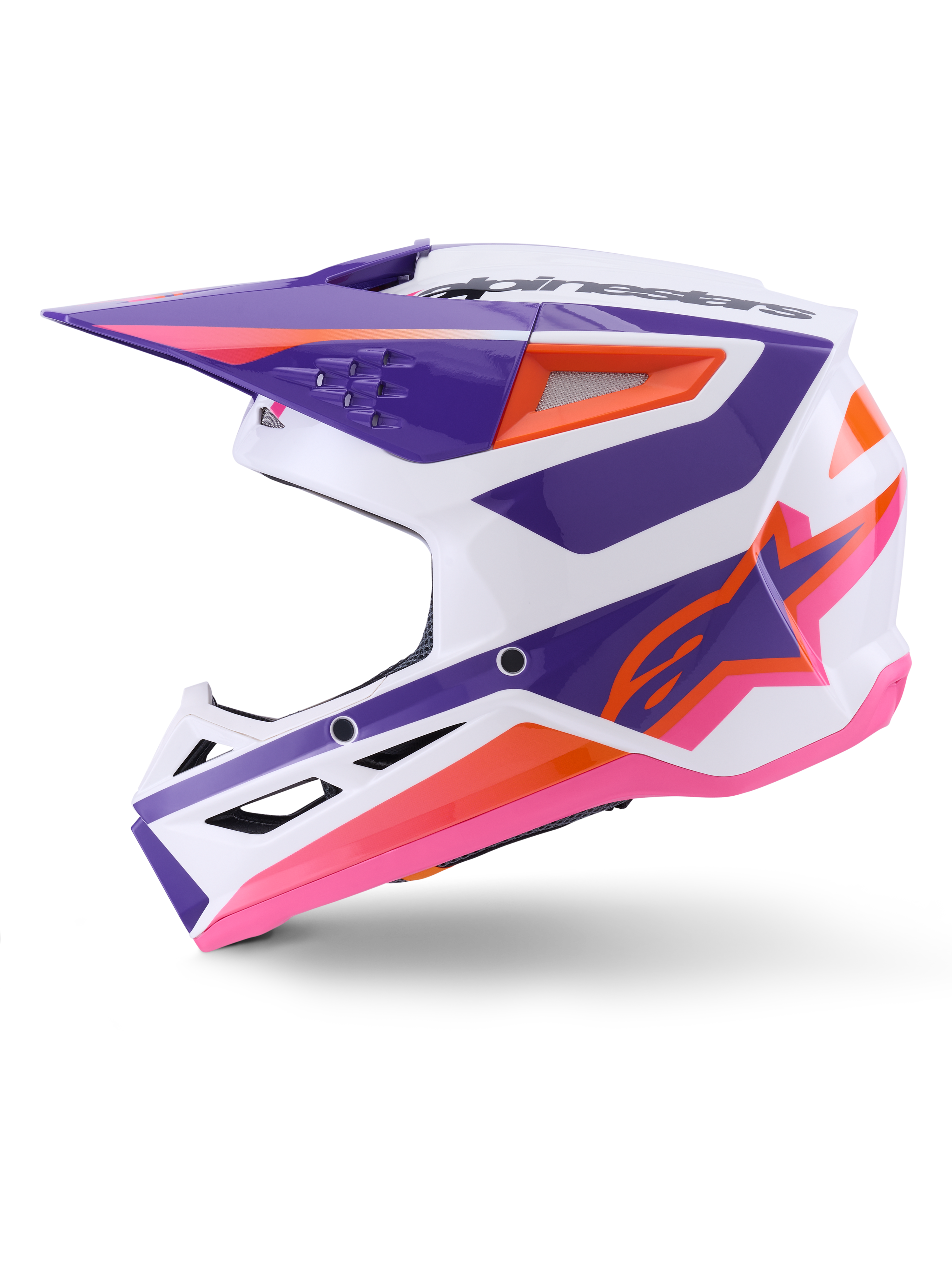 Alpinestars S-M3 Heat Helm ECE 22.06, Motocross-Helm, Weiß, Lila und Pink glänzend mit orangen Akzenten, Seitenprofil mit kantigem Grafikdesign, Belüftungsöffnungen und glänzendem Finish für den Offroad-Rennsport