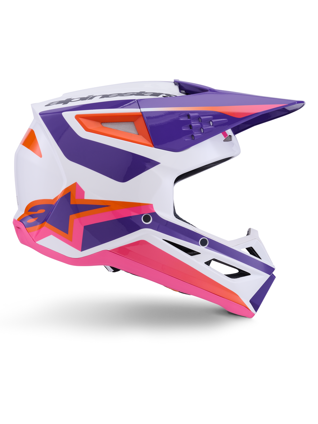 Alpinestars S-M3 Heat Helm ECE 22.06, Motocross-Helm, Weiß Lila Rosa Glänzend, mit leuchtenden lila und rosa Grafiken sowie orangefarbenen Akzenten, Seitenansicht mit dem Astar-Logo und belüftetem Design für den Offroad-Rennsport