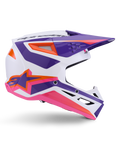 Alpinestars S-M3 Heat Helm ECE 22.06, Motocross-Helm, Weiß Lila Rosa Glänzend, mit leuchtenden lila und rosa Grafiken sowie orangefarbenen Akzenten, Seitenansicht mit dem Astar-Logo und belüftetem Design für den Offroad-Rennsport