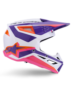 Alpinestars S-M3 Heat Helm ECE 22.06, Motocross-Helm, Weiß Lila Rosa Glänzend, mit leuchtenden lila und rosa Grafiken sowie orangefarbenen Akzenten, Seitenansicht mit dem Astar-Logo und belüftetem Design für den Offroad-Rennsport