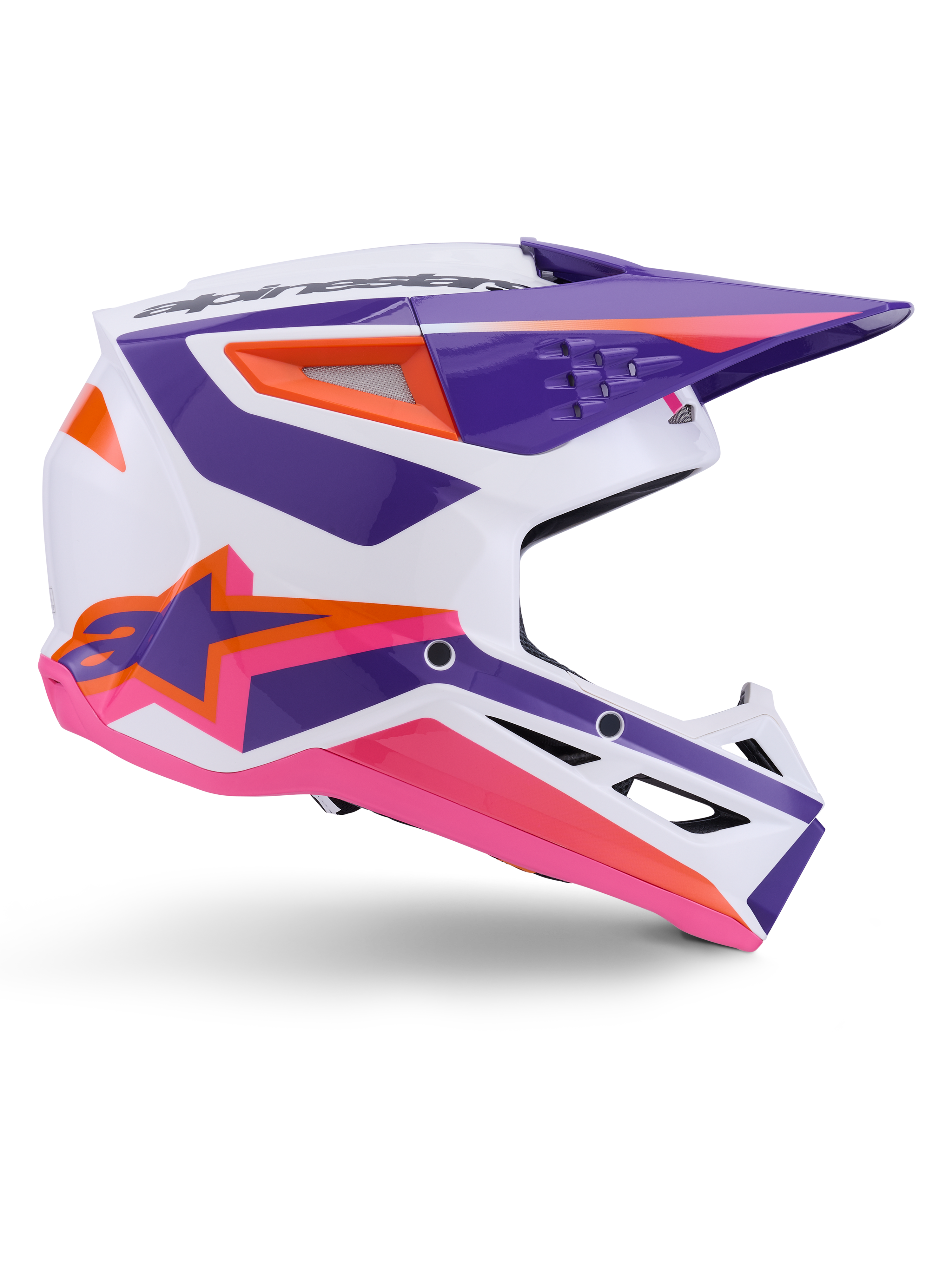 Alpinestars S-M3 Heat Helm ECE 22.06, Motocross-Helm, Weiß Lila Rosa Glänzend, mit leuchtenden lila und rosa Grafiken sowie orangefarbenen Akzenten, Seitenansicht mit dem Astar-Logo und belüftetem Design für den Offroad-Rennsport