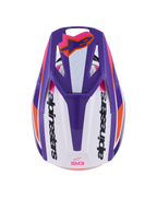 Alpinestars S-M3 Heat Helm ECE 22.06, Motocross-Helm, Weiß, Lila und Pink glänzend, Ansicht von oben zeigt belüftetes Visier mit orangefarbenem Astars-Logo und seitlichem Branding, glänzendes Finish mit markanten Grafiken