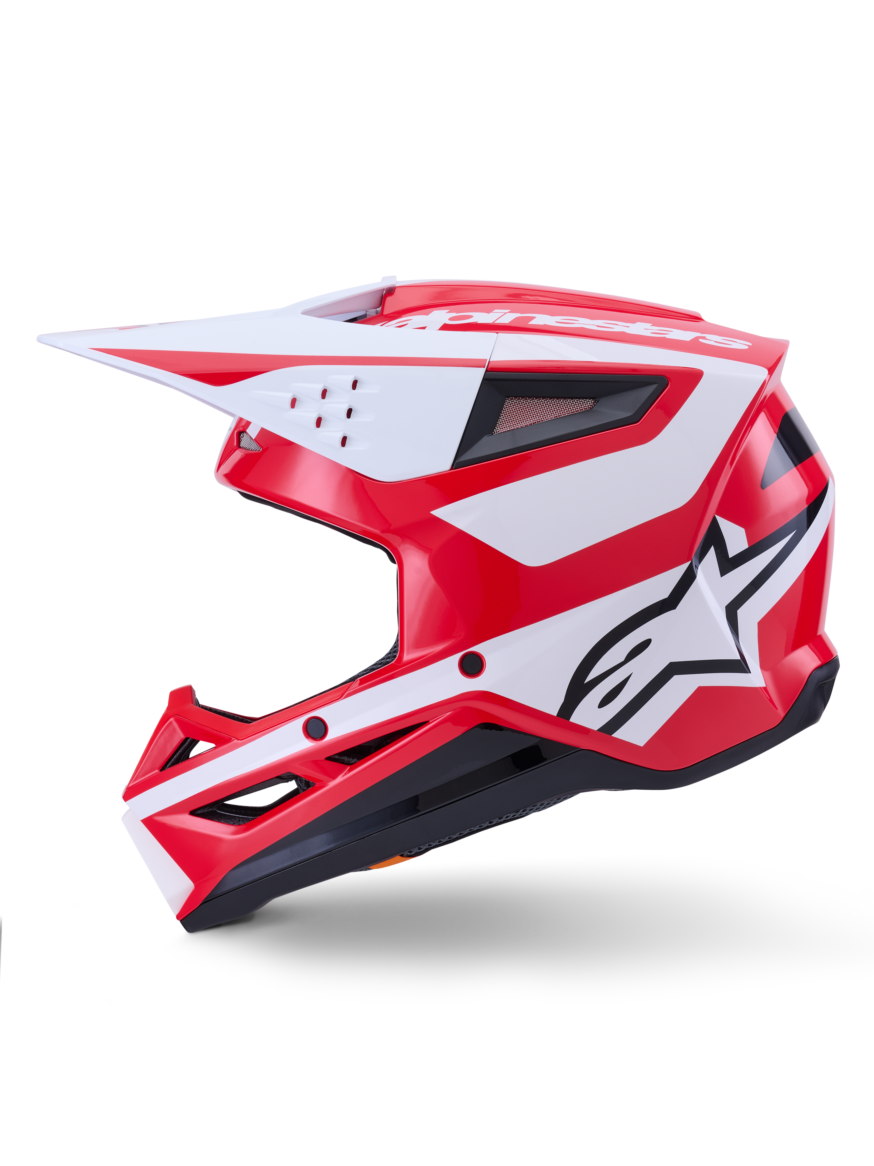 Alpinestars S-M3 Heat Helmet, red and white glossy motocross helmet, ECE certified, side profile view.