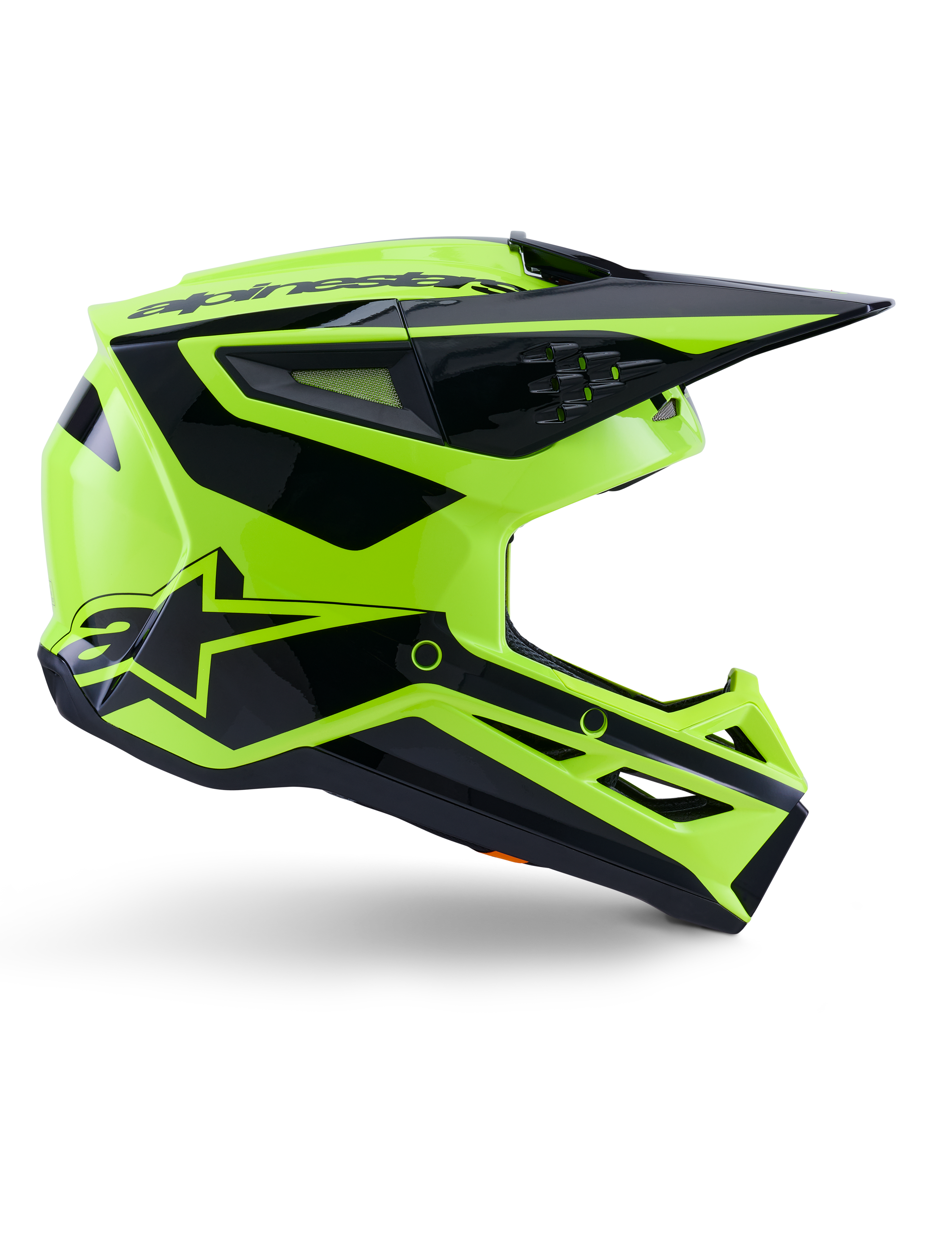 Alpinestars S-M3 Heat Helm, Motocross-Offroad-Helm, Neongelb und Schwarz glänzend, ECE 22.06 zertifiziert, Seitenprofil mit kantigem Design, spitzes Visier, mehrere Belüftungsöffnungen und markante schwarze geometrische Grafiken inklusive A-Star-Logo.