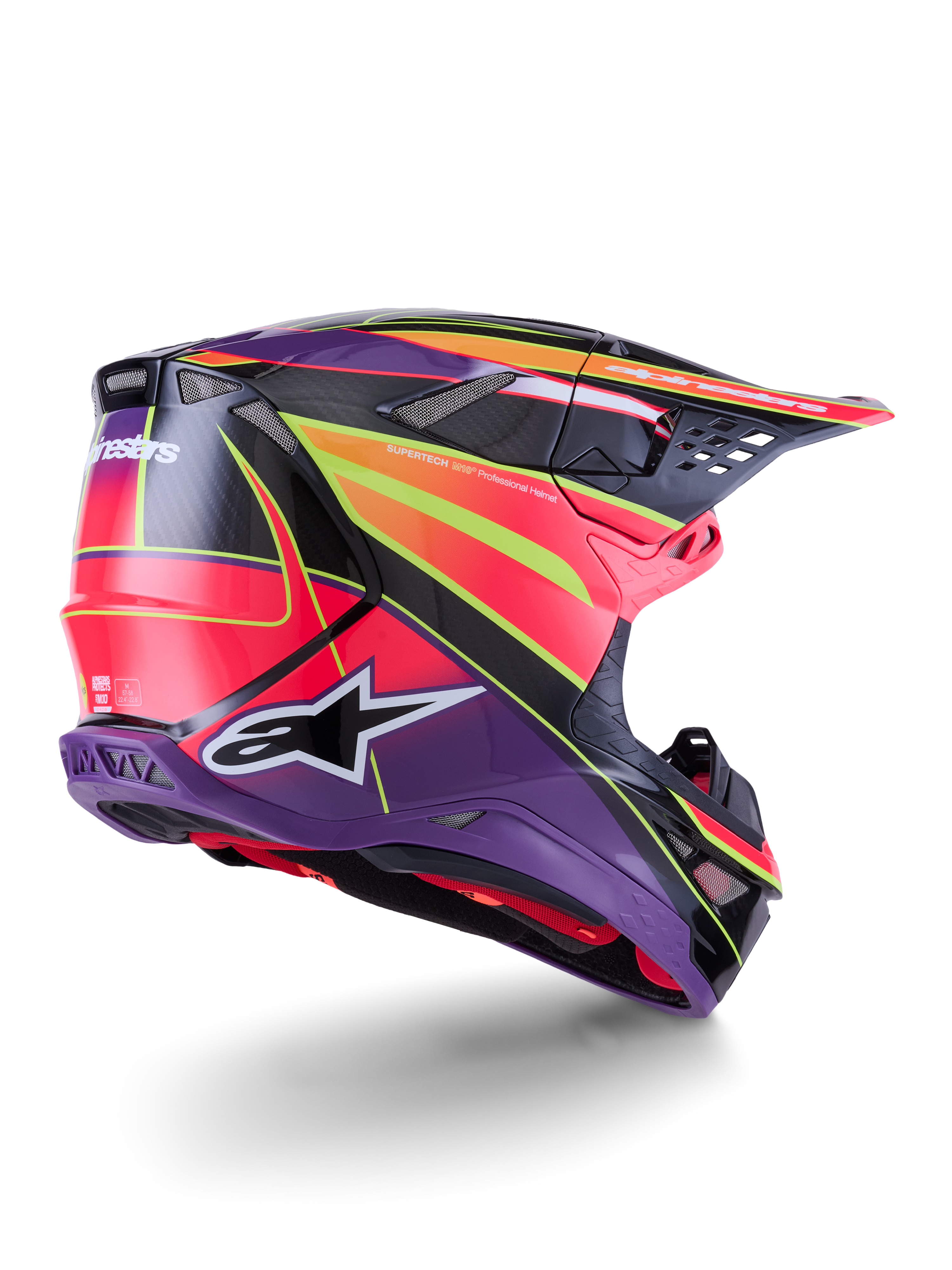 Alpinestars Supertech M10 Era Helmet, Motocross Helmet, Pink Violet and Yellow Fluo Glossy, rear three-quarter view showing the aerodynamic carbon fiber shell, integrated ventilation ports, and bold graphic branding, high-performance off-road racing gear