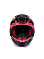 Alpinestars Supertech M10 Era Helmet, Motocross Helmet, Pink Violet and Yellow Fluo Glossy, front view showing red interior padding and carbon fiber shell details, featuring 'One Goal. One Vision.' text, professional off-road racing protection