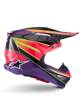 Alpinestars Supertech M10 Era Helmet, Motocross Helmet, Pink Violet and Yellow Fluo Glossy, side profile view, featuring a multi-composite carbon shell with vibrant geometric patterns, integrated ventilation ports, and white Alpinestars logo, designed for elite off-road performance