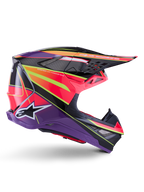 Alpinestars Supertech M10 Era Helmet, Motocross Helmet, Pink Violet and Yellow Fluo Glossy, side profile view, featuring a multi-composite carbon shell with vibrant geometric patterns, integrated ventilation ports, and white Alpinestars logo, designed for elite off-road performance