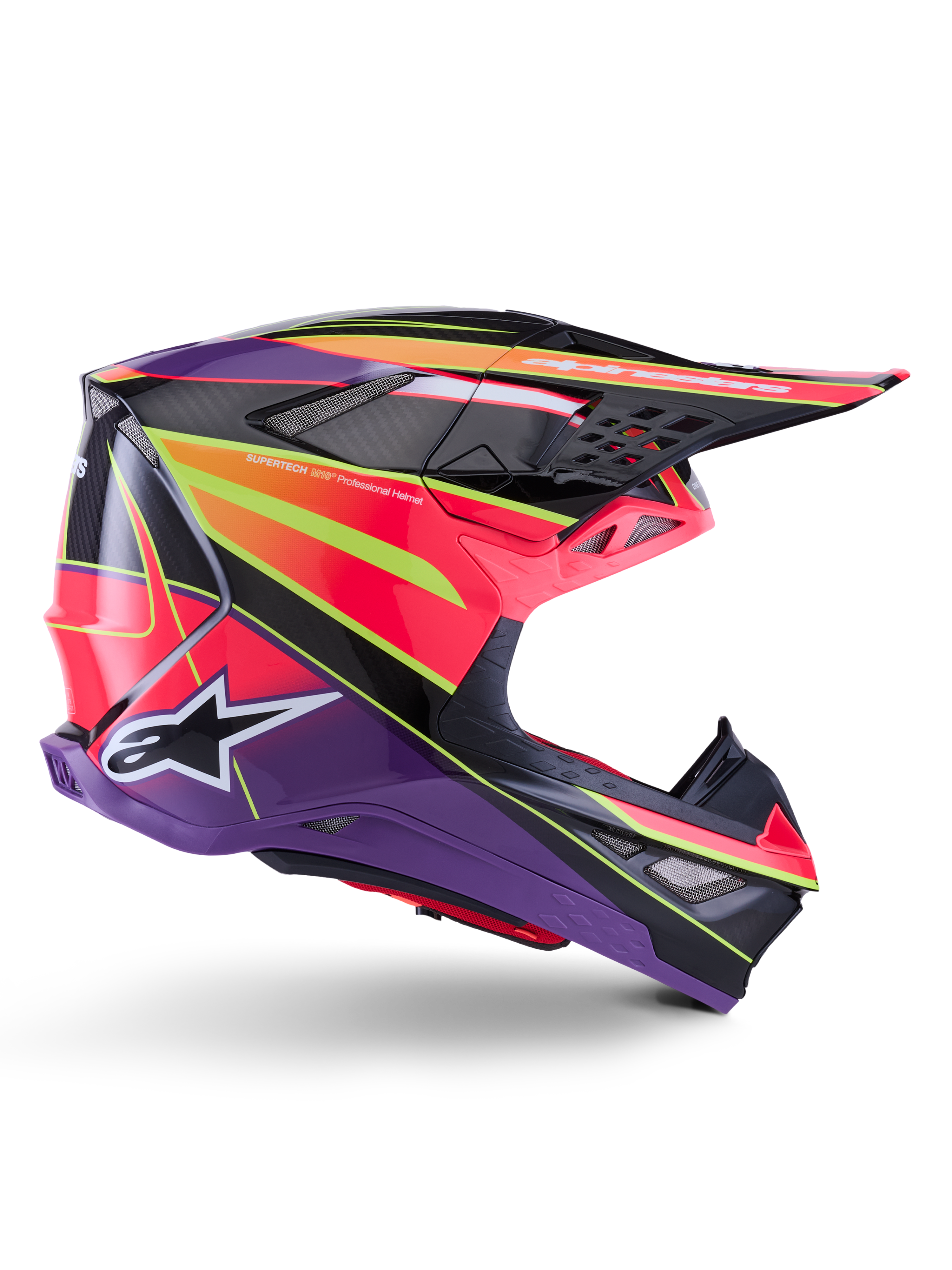 Casque Alpinestars Supertech M10 Era, casque de motocross, rose, violet et jaune fluo brillant, vue de profil, doté d'une coque multi-composite en carbone avec des motifs géométriques éclatants, ports de ventilation intégrés et logo Alpinestars blanc, conçu pour des performances tout-terrain de haut niveau