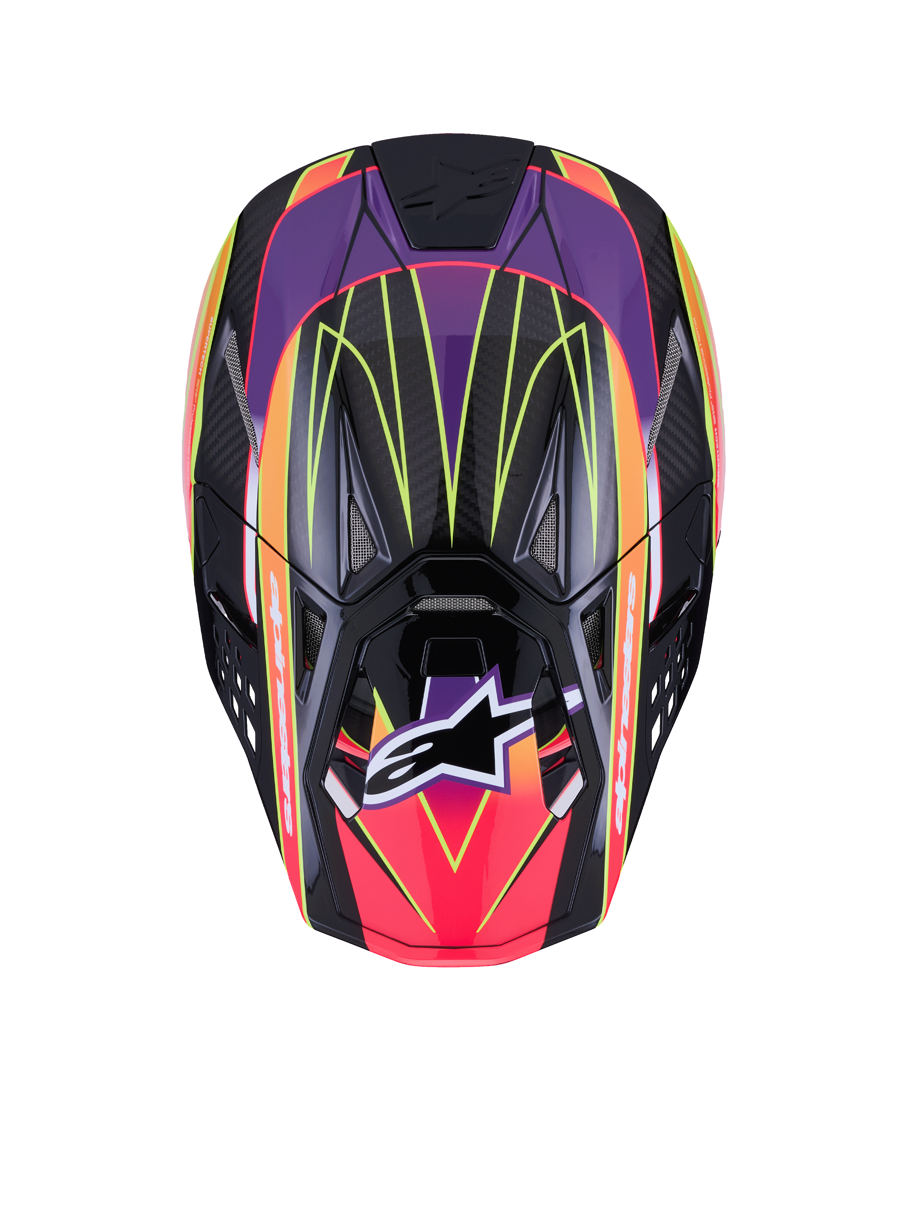 Alpinestars Supertech M10 Era Helmet ECE 22.06, Motocross Helmet, Pink Violet and Yellow Fluo Glossy, top view showing high-density carbon shell with glossy finish, vibrant geometric patterns, integrated ventilation ports, and signature Alpinestars logo