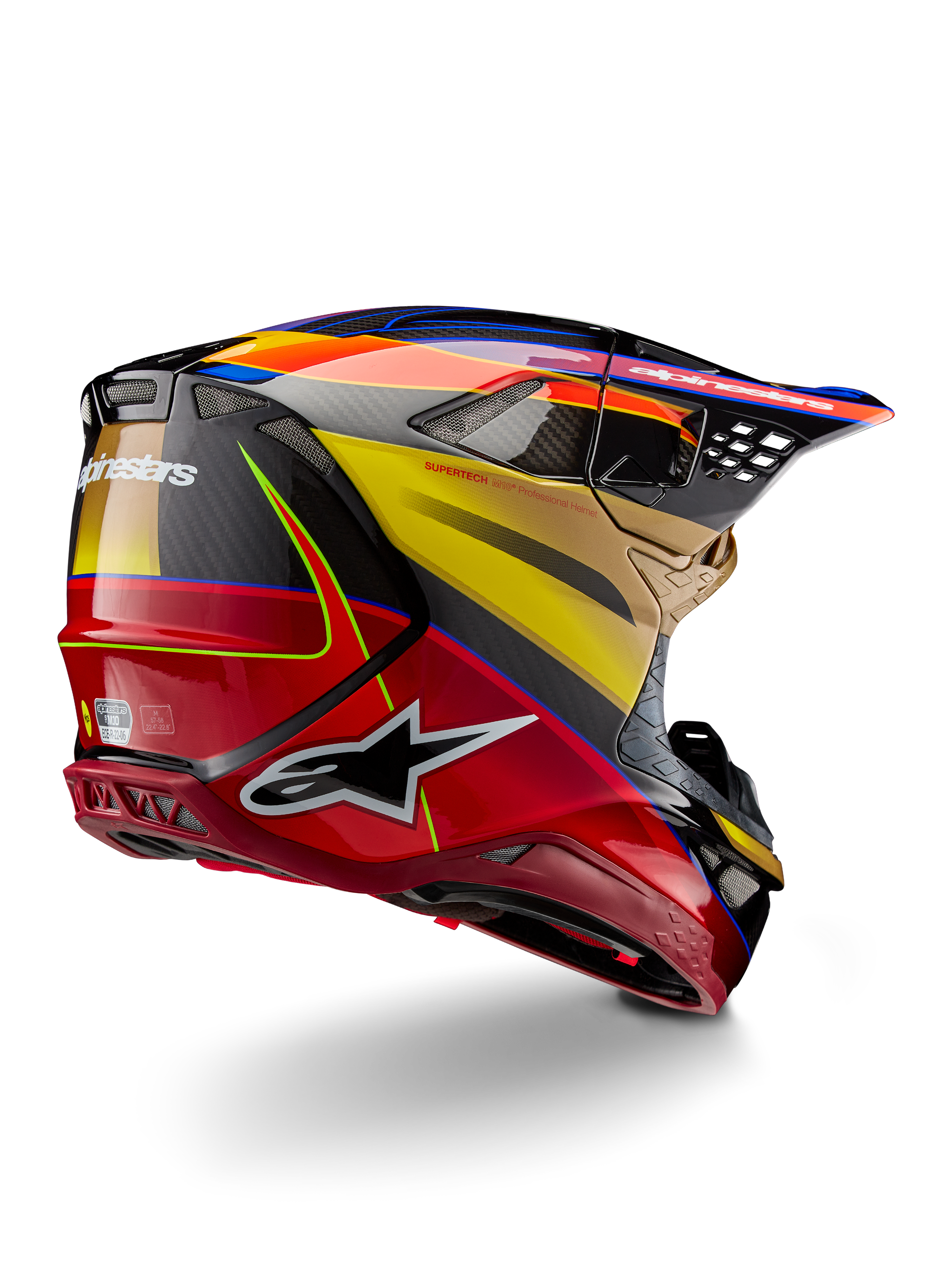 Casque Alpinestars Supertech M10 Era, casque de motocross, Gold Yellow Rio Red Glossy, vue de trois-quarts arrière montrant la coque en fibre de carbone avec des graphismes rouges et jaunes, des touches de bleu, un profil aérodynamique avec de multiples ports de ventilation et le logo Astar bien visible.