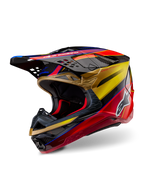 Casque Alpinestars Supertech M10 Era, casque de motocross, Or Jaune Rouge Rio Brillant, coque aérodynamique en fibre de carbone avec graphismes rouge et or éclatants, doté de multiples orifices d'admission et d'échappement, logo Alpinestars blanc et finition brillante