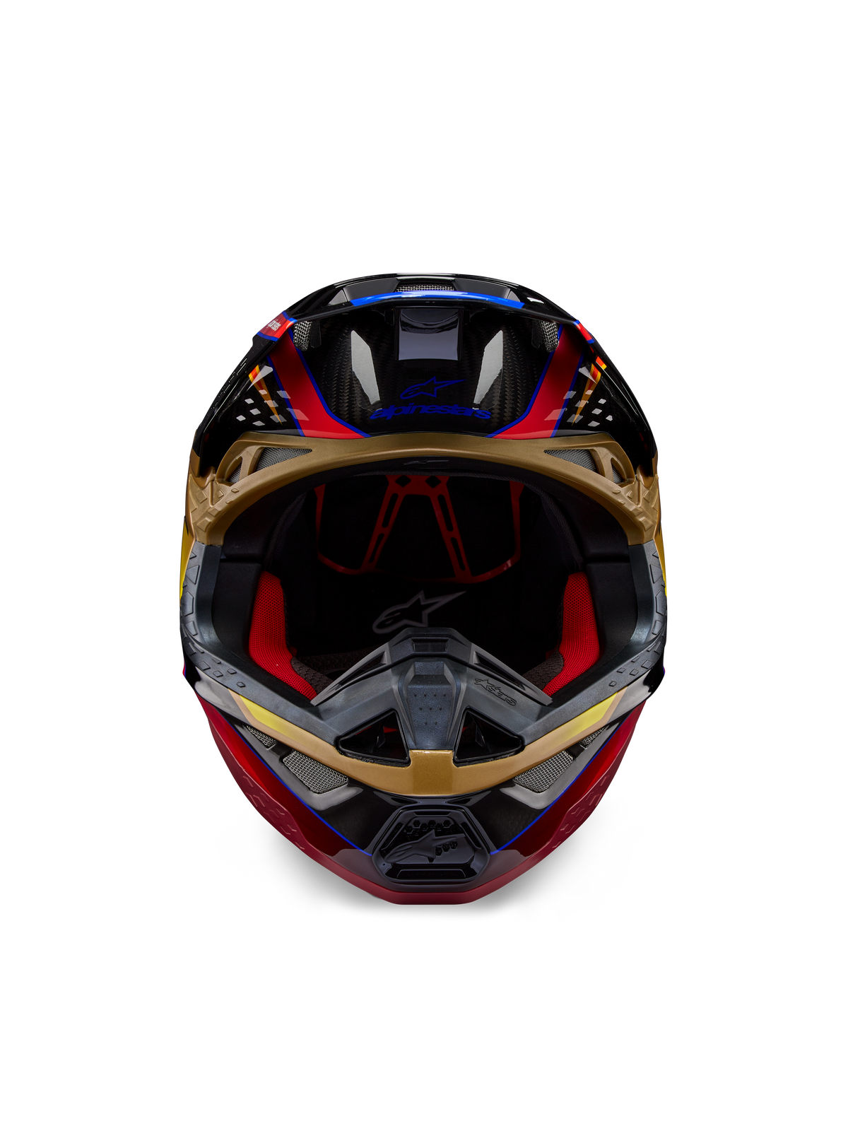 Casque Alpinestars Supertech M10 Era, casque de motocross, jaune doré et rouge Rio brillant, vue de face montrant les détails de la coque en fibre de carbone et le rembourrage intérieur rouge, design aérodynamique pour la course tout-terrain