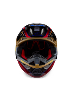 Casque Alpinestars Supertech M10 Era, casque de motocross, jaune doré et rouge Rio brillant, vue de face montrant les détails de la coque en fibre de carbone et le rembourrage intérieur rouge, design aérodynamique pour la course tout-terrain