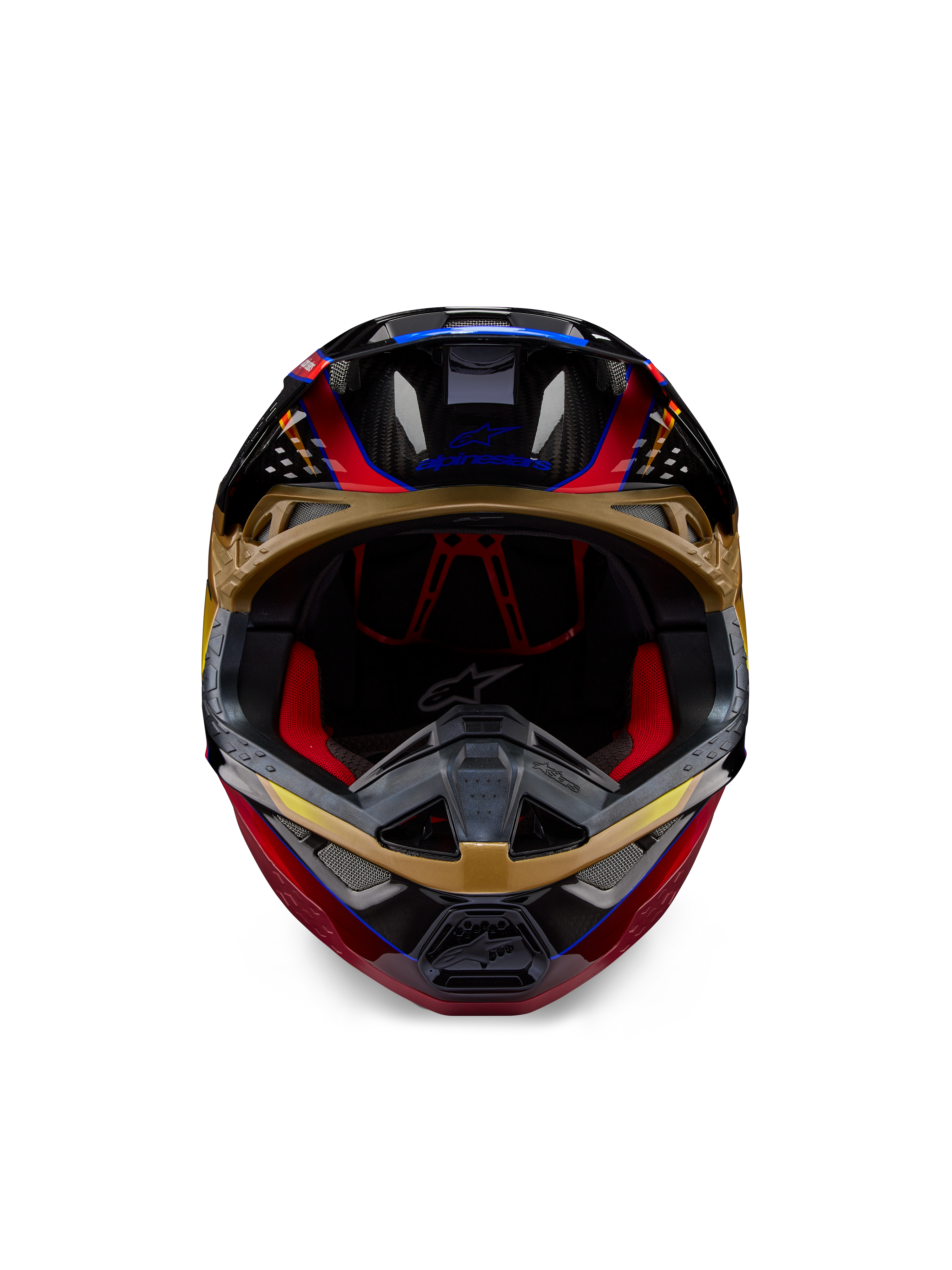 Casque Alpinestars Supertech M10 Era, casque de motocross, jaune doré et rouge Rio brillant, vue de face montrant les détails de la coque en fibre de carbone et le rembourrage intérieur rouge, design aérodynamique pour la course tout-terrain
