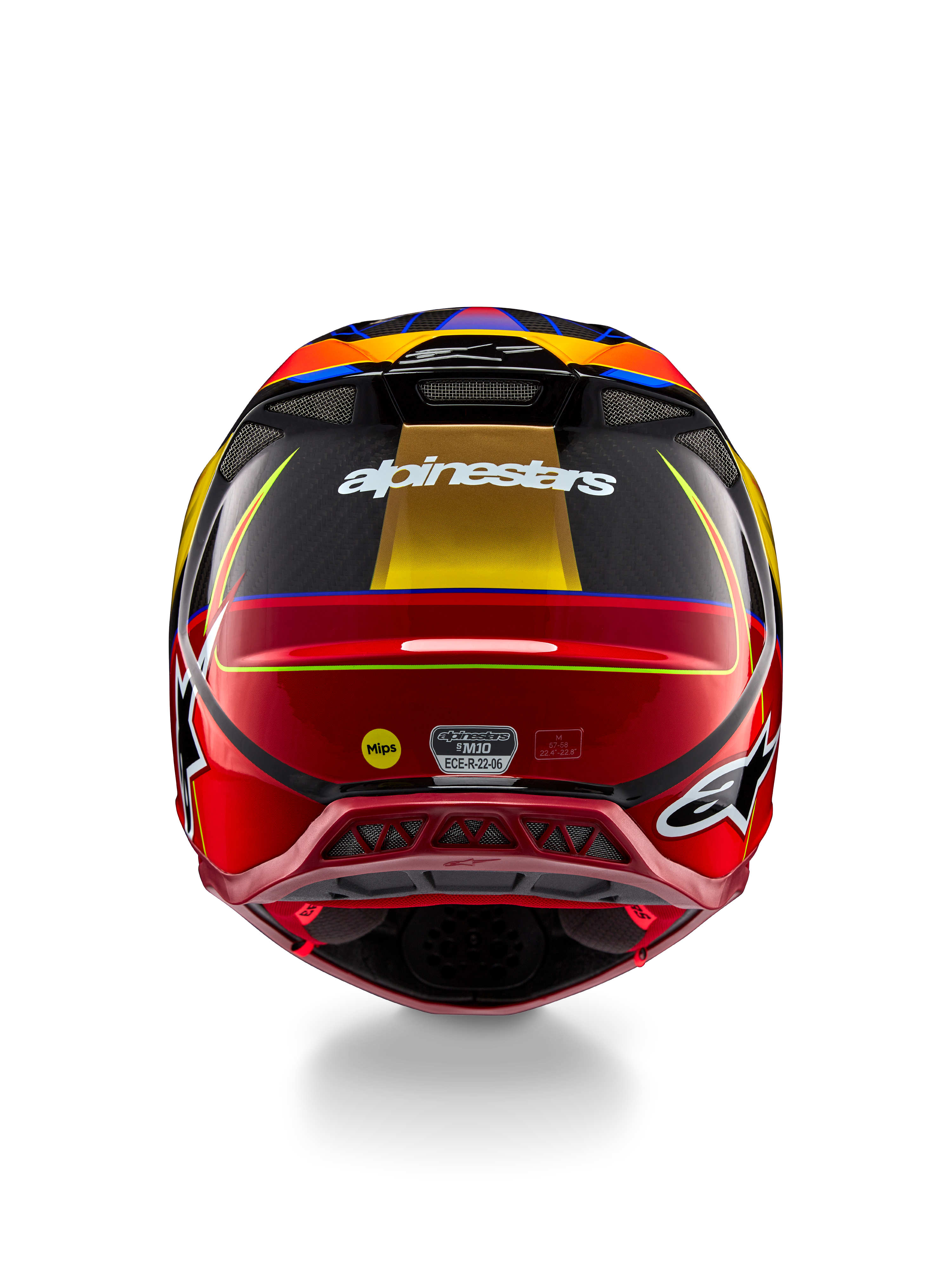 Casque Alpinestars Supertech M10 Era, casque de motocross, jaune or et rouge Rio brillant, vue arrière présentant le logo Alpinestars blanc, le logo MIPS et des ports de ventilation aérodynamiques, construction en fibre de carbone multi-composite avec des accents bleus