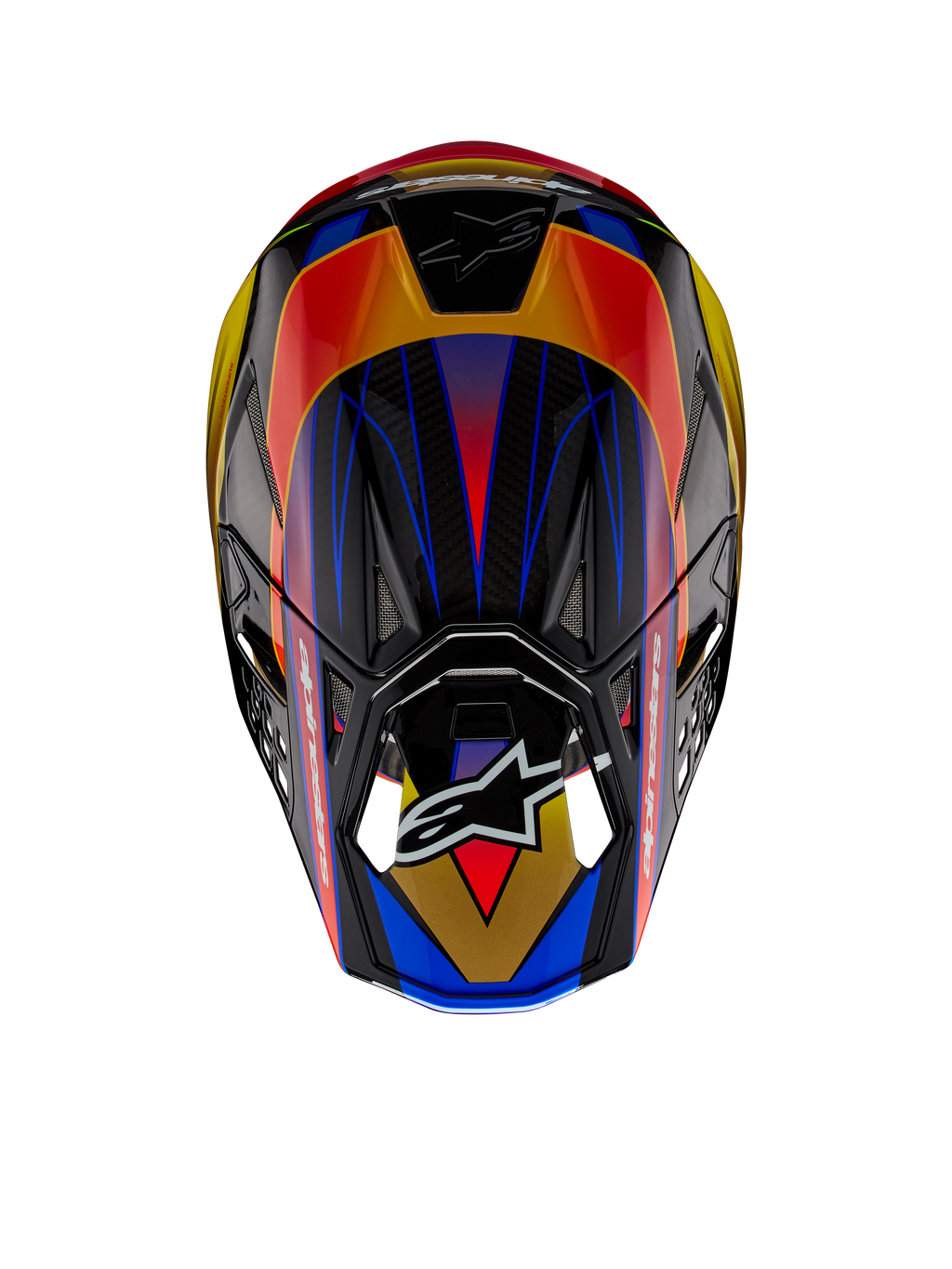 Casque Alpinestars Supertech M10 Era ECE, casque de motocross, or jaune et rouge Rio brillant, vue de dessus montrant des motifs géométriques éclatants en bleu et jaune, finition brillante avec texture de la coque en carbone visible, avec le logo Alpinestars sur la visière