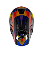Casque Alpinestars Supertech M10 Era ECE, casque de motocross, or jaune et rouge Rio brillant, vue de dessus montrant des motifs géométriques éclatants en bleu et jaune, finition brillante avec texture de la coque en carbone visible, avec le logo Alpinestars sur la visière