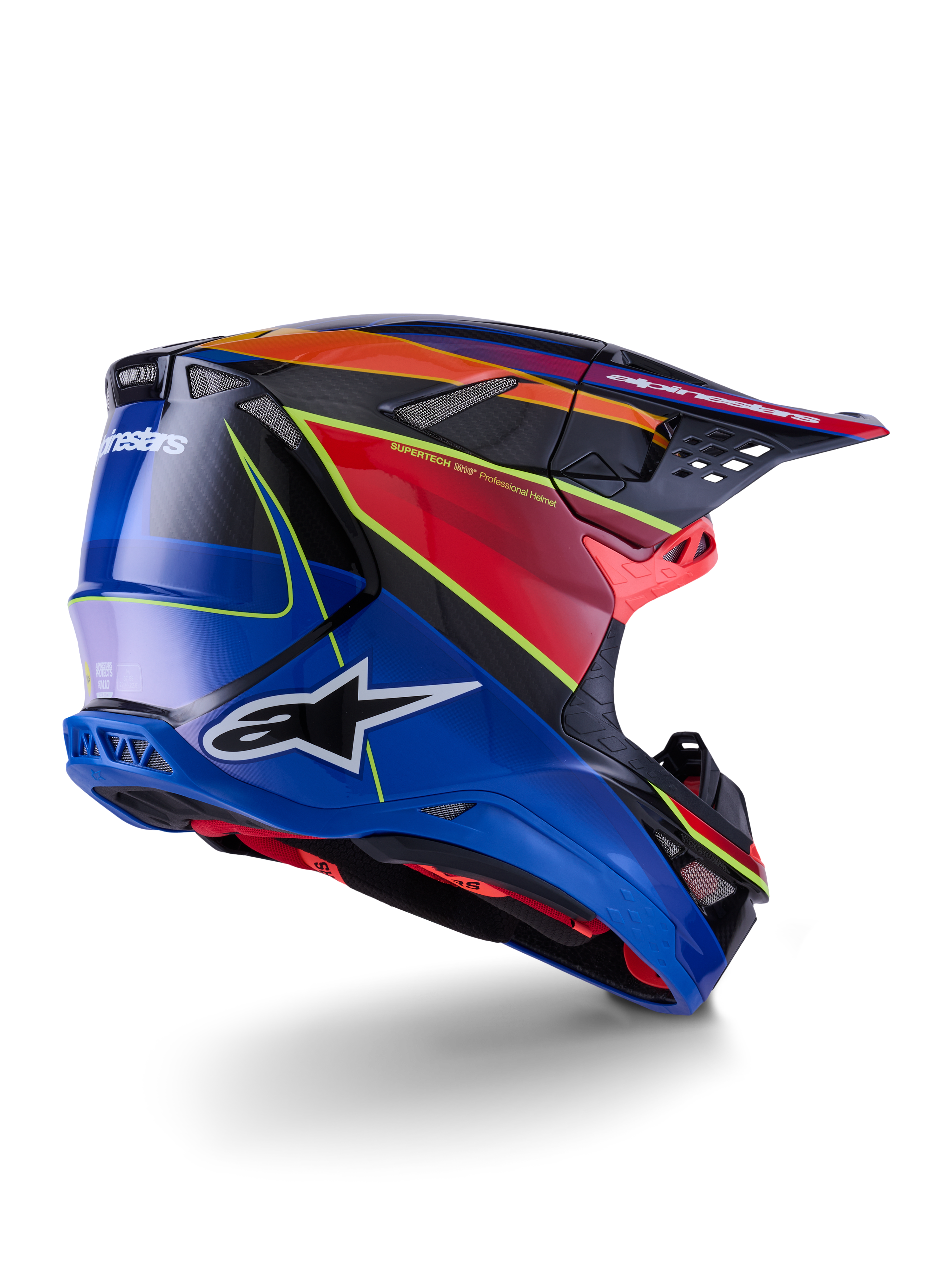 Alpinestars Supertech M10 Era Helmet, Motocross Helmet, Blue Red and Yellow Fluo Glossy, rear-side profile view featuring carbon fiber weave details, bold Alpinestars branding, integrated ventilation ports, and high-gloss finish for off-road performance.