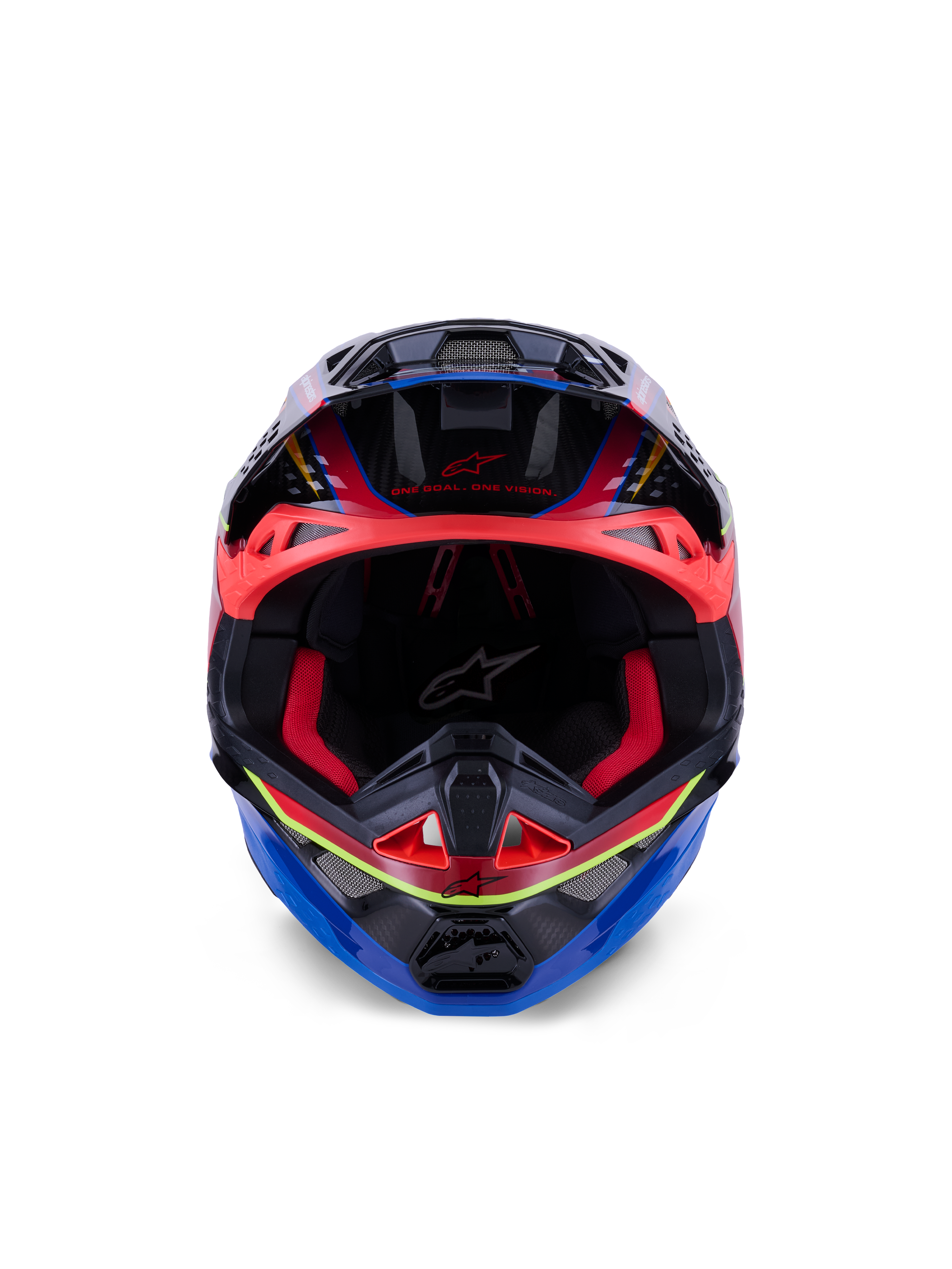 Alpinestars Supertech M10 Era Helmet, Motocross Helmet, Blue Red and Yellow Fluo Glossy, front view showing red interior padding and aggressive ventilation ports, glossy 3K carbon shell with aerodynamic design for off-road racing