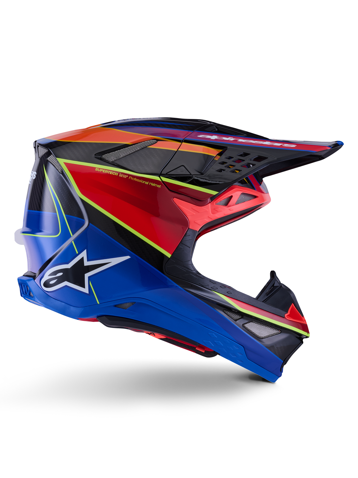Alpinestars Supertech M10 Era Helm, Motocross-Helm, Blau, Rot und Gelb Fluo Glänzend, Seitenansicht mit Multi-Composite-Carbonschale, weißes Alpinestars-Logo, aerodynamisches Design mit mehreren Belüftungsöffnungen für den Offroad-Rennsport