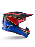 Alpinestars Supertech M10 Era Helmet, Motocross Helmet, Blue Red and Yellow Fluo Glossy, side profile view showing multi-composite carbon shell, white Alpinestars logo, aerodynamic design with multiple vents for off-road racing
