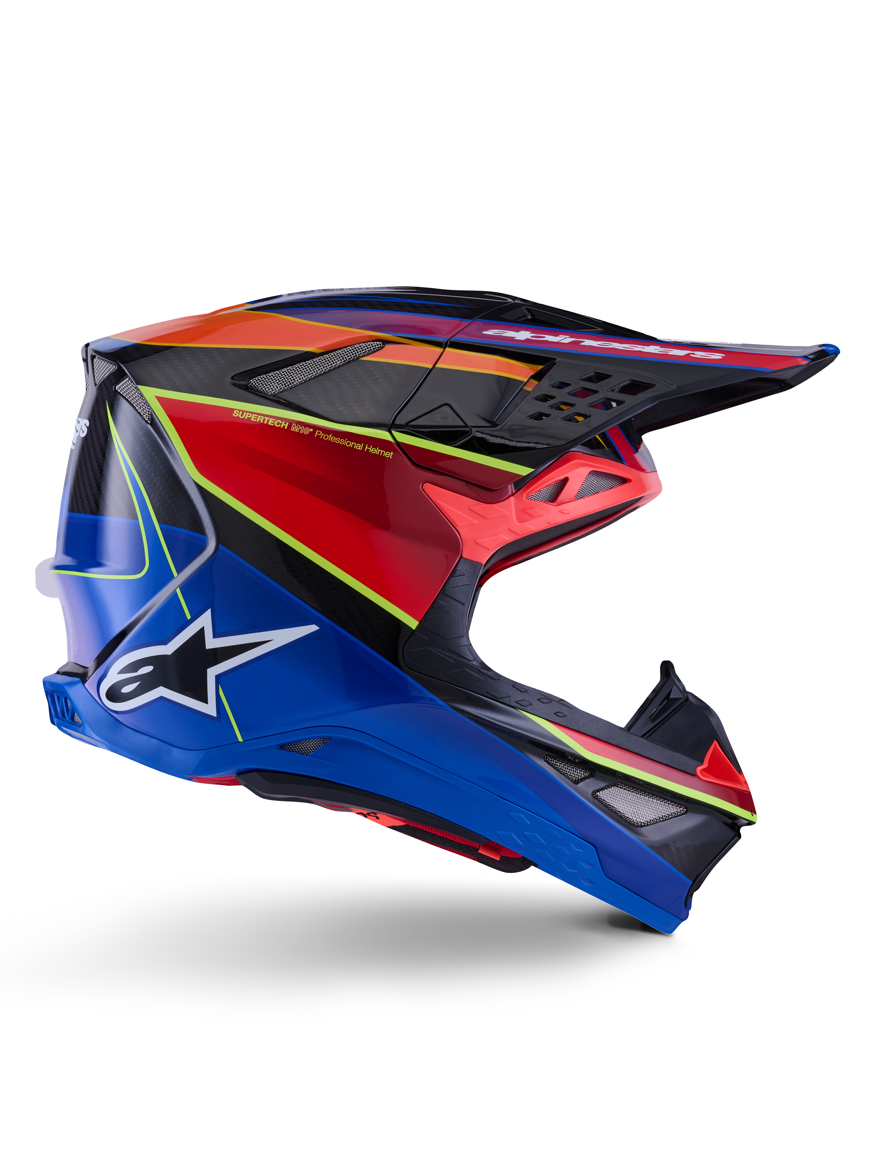 Alpinestars Supertech M10 Era Helmet, Motocross Helmet, Blue Red and Yellow Fluo Glossy, side profile view showing multi-composite carbon shell, white Alpinestars logo, aerodynamic design with multiple vents for off-road racing