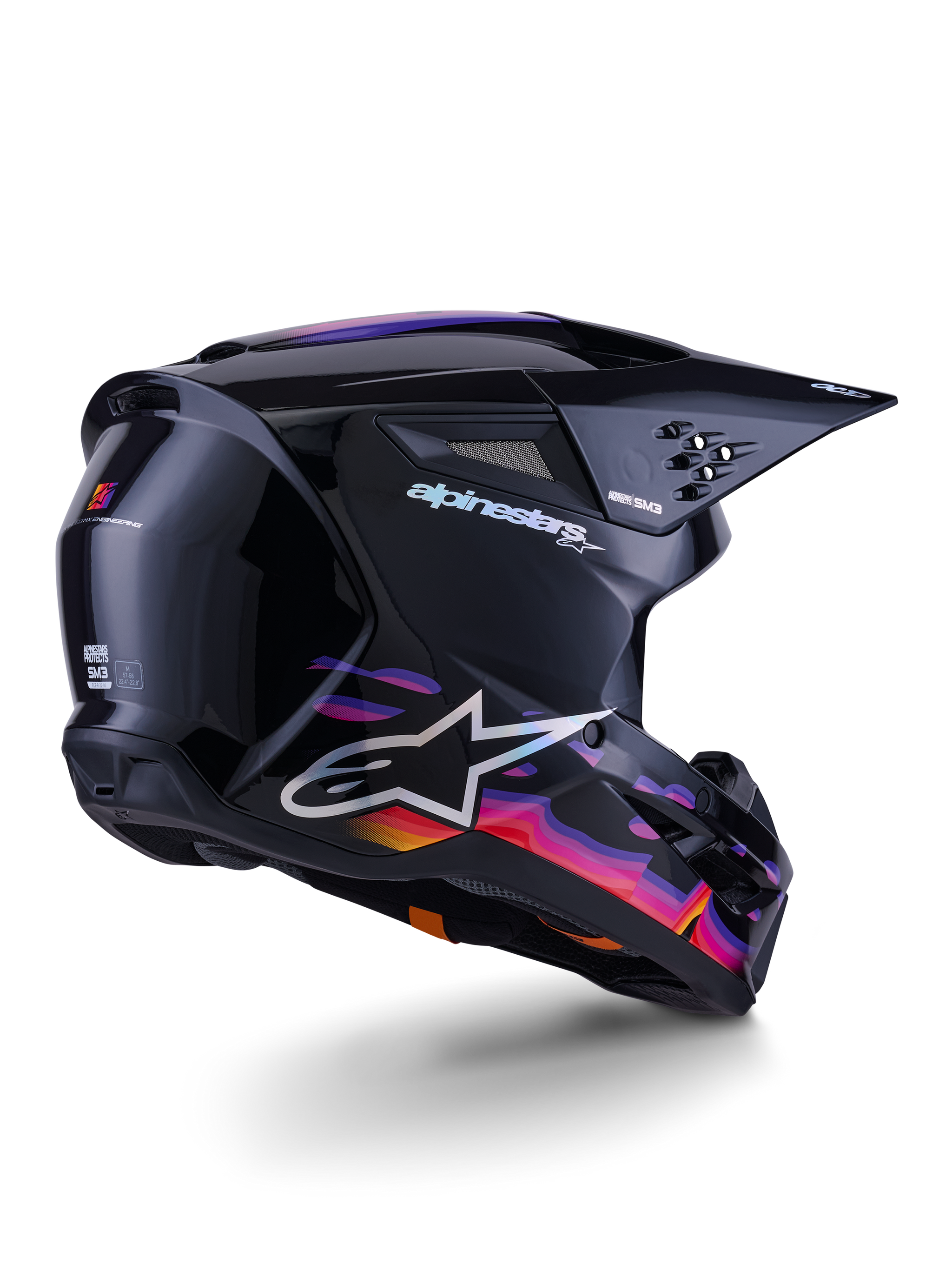 Alpinestars S-M3 Force OCD Helm, Motocross-Helm, Glänzendes Schwarz mit lebhaften violetten, pinken und orangefarbenen Wellengrafiken, weißes Alpinestars-Branding und A-Star-Logo, Dreiviertelansicht von hinten, Hochleistungs-Offroad-Rennausrüstung