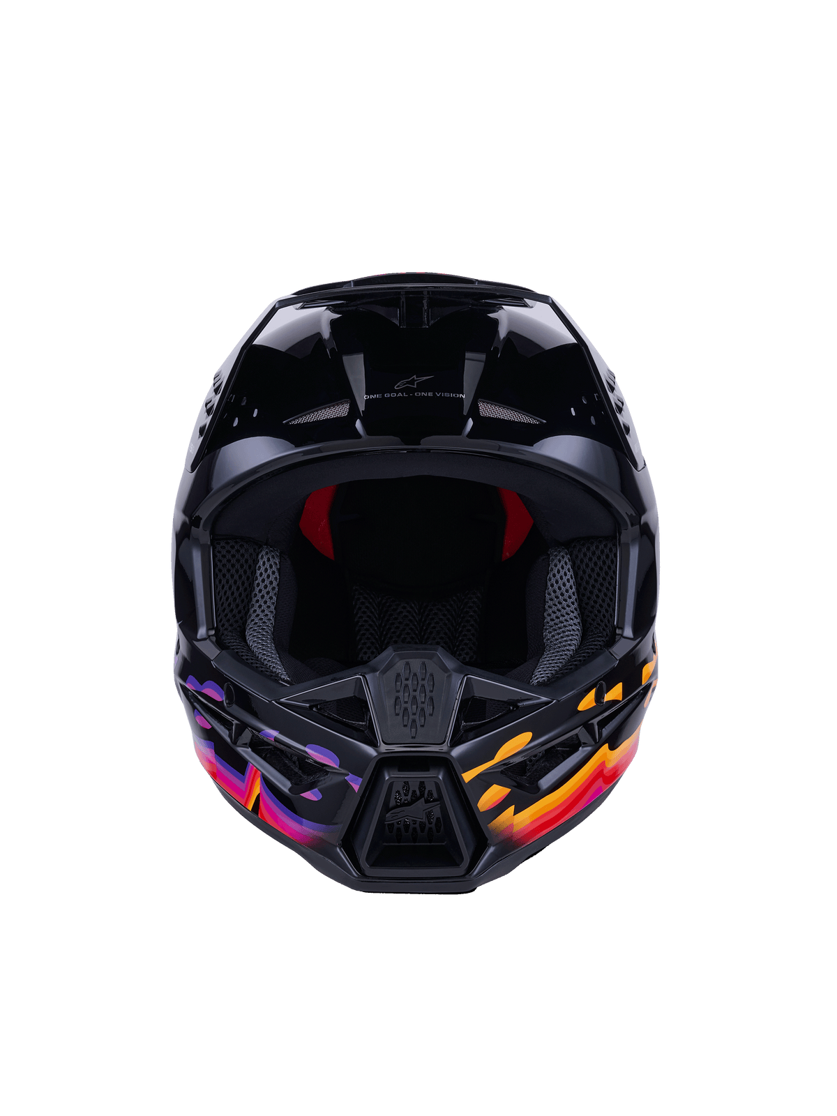 Alpinestars S-M3 Force OCD Helmet, casque de motocross, noir brillant avec des graphismes violets, orange et rouges éclatants, vue de face montrant une large ouverture faciale et une mentonnière ventilée, arborant le slogan « One Goal - One Vision », équipement de course tout-terrain professionnel