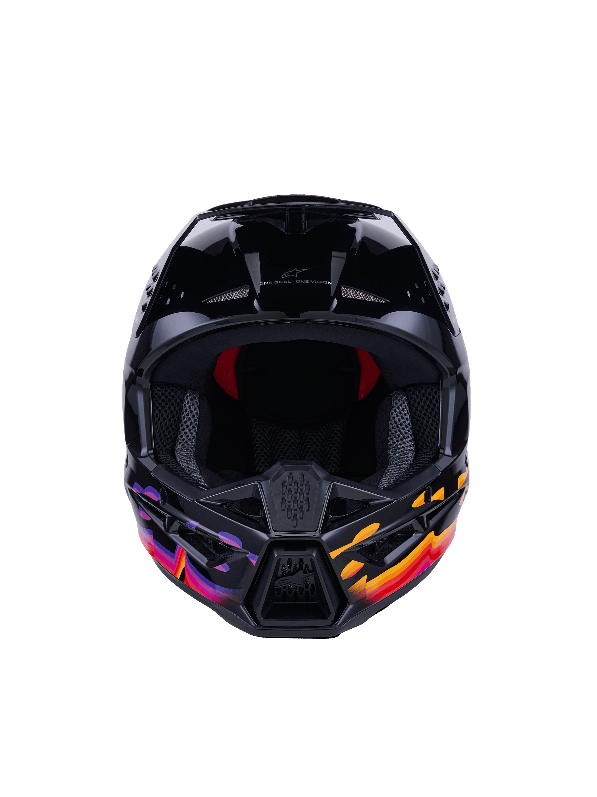 Alpinestars S-M3 Force OCD Helm, Motocross-Helm, Schwarz glänzend mit leuchtend violetten, orangen und roten Grafiken, Frontansicht mit breiter Sichtöffnung und belüftetem Kinnschutz, mit 'One Goal - One Vision' Branding, professionelle Offroad-Rennausrüstung
