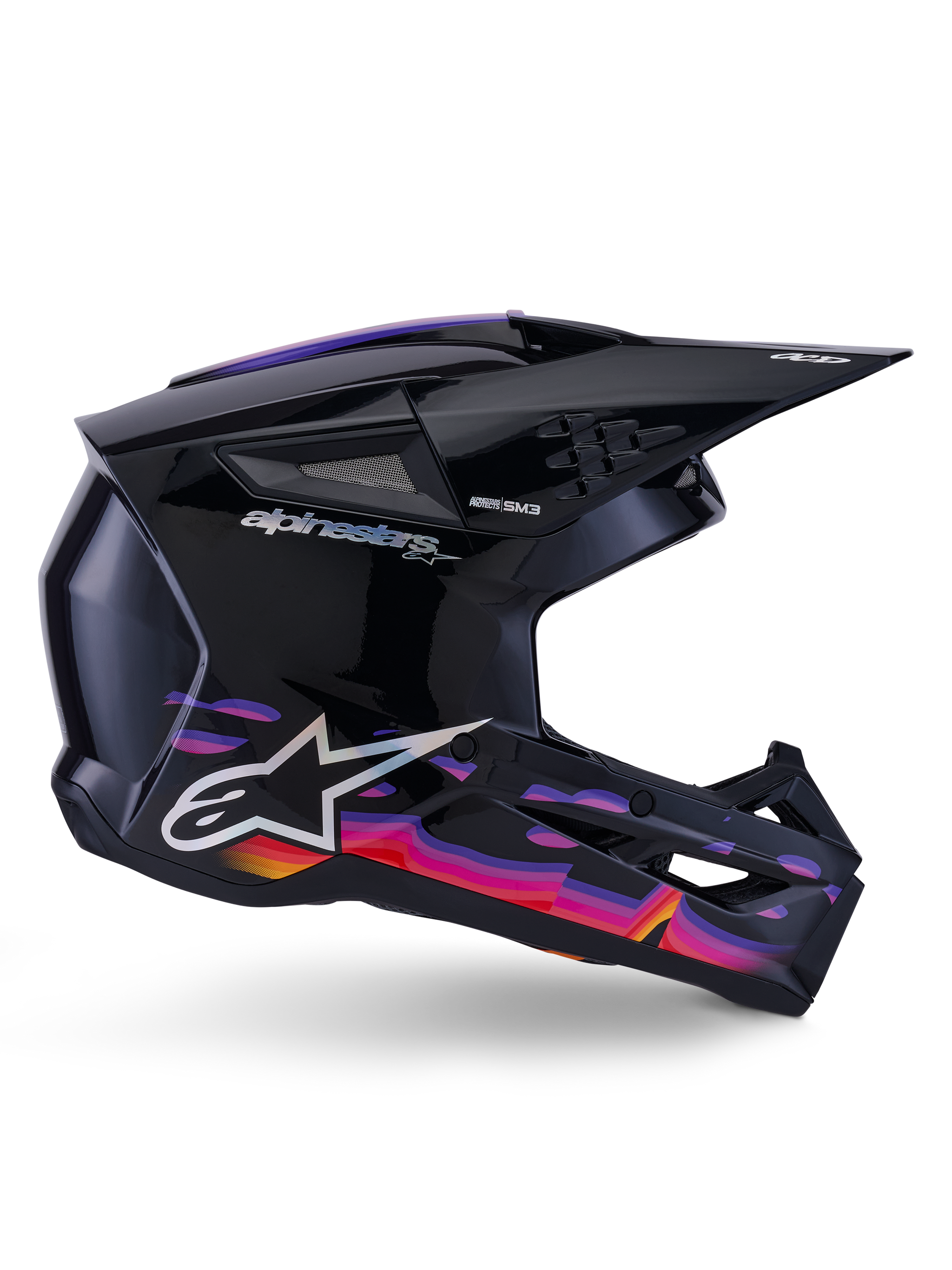 Alpinestars S-M3 Force OCD Helm, Motocross-Helm, Schwarz glänzend mit leuchtenden violetten, pinken und orangefarbenen Grafikmustern, Seitenprofil-Ansicht, silbernes Alpinestars-Logo und SM3-Branding, entwickelt für Offroad-Performance