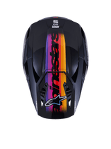 Alpinestars S-M3 Force OCD Helm, Motocross-Helm, Draufsicht, Glänzendes Schwarz mit leuchtendem Farbverlauf-Streifen in Violett, Pink, Rot, Orange und Gelb, mit markantem Alpinestars-Branding und Logo, entwickelt für Offroad-Performance