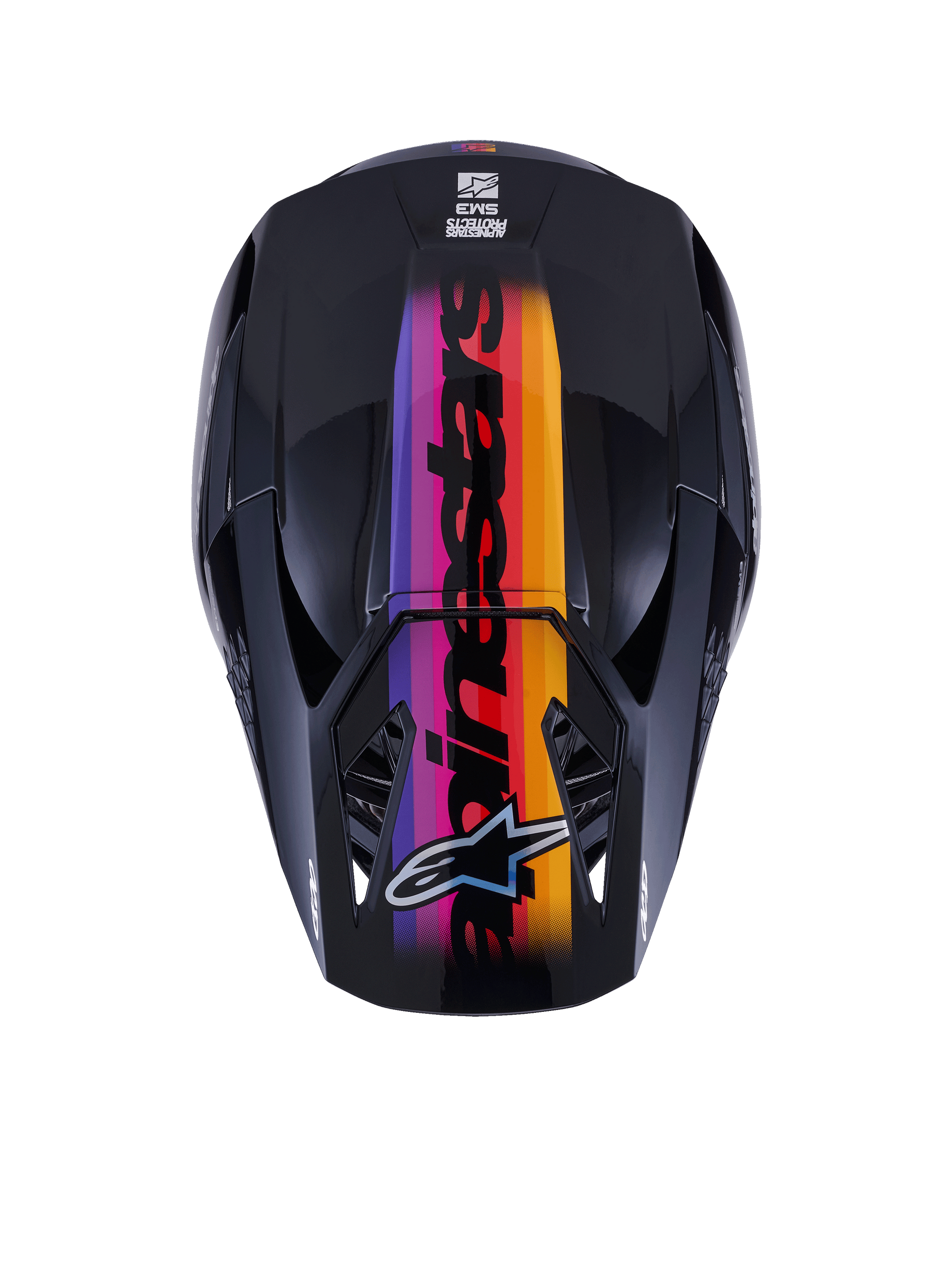 Alpinestars S-M3 Force OCD Helm, Motocross-Helm, Draufsicht, Glänzendes Schwarz mit leuchtendem Farbverlauf-Streifen in Violett, Pink, Rot, Orange und Gelb, mit markantem Alpinestars-Branding und Logo, entwickelt für Offroad-Performance