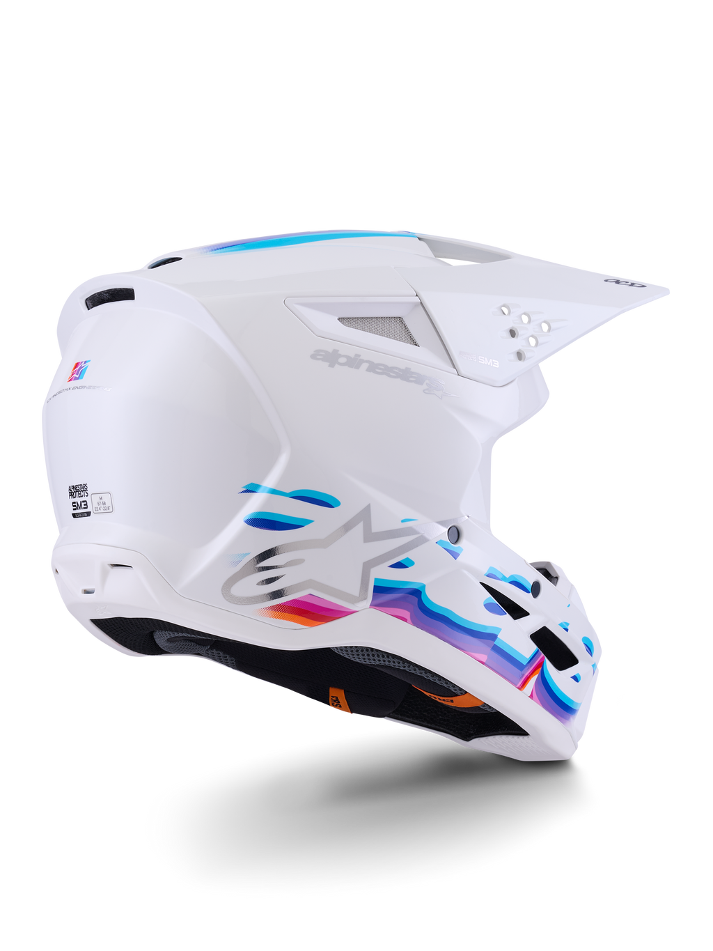 Alpinestars S-M3 Force OCD Helm, Motocross-Helm, Weiß glänzend mit leuchtend blauen und lila fließenden Grafiken, silbernem Astar-Logo und seitlichen Belüftungsöffnungen, aerodynamisches Schalendesign für den Offroad-Rennsport