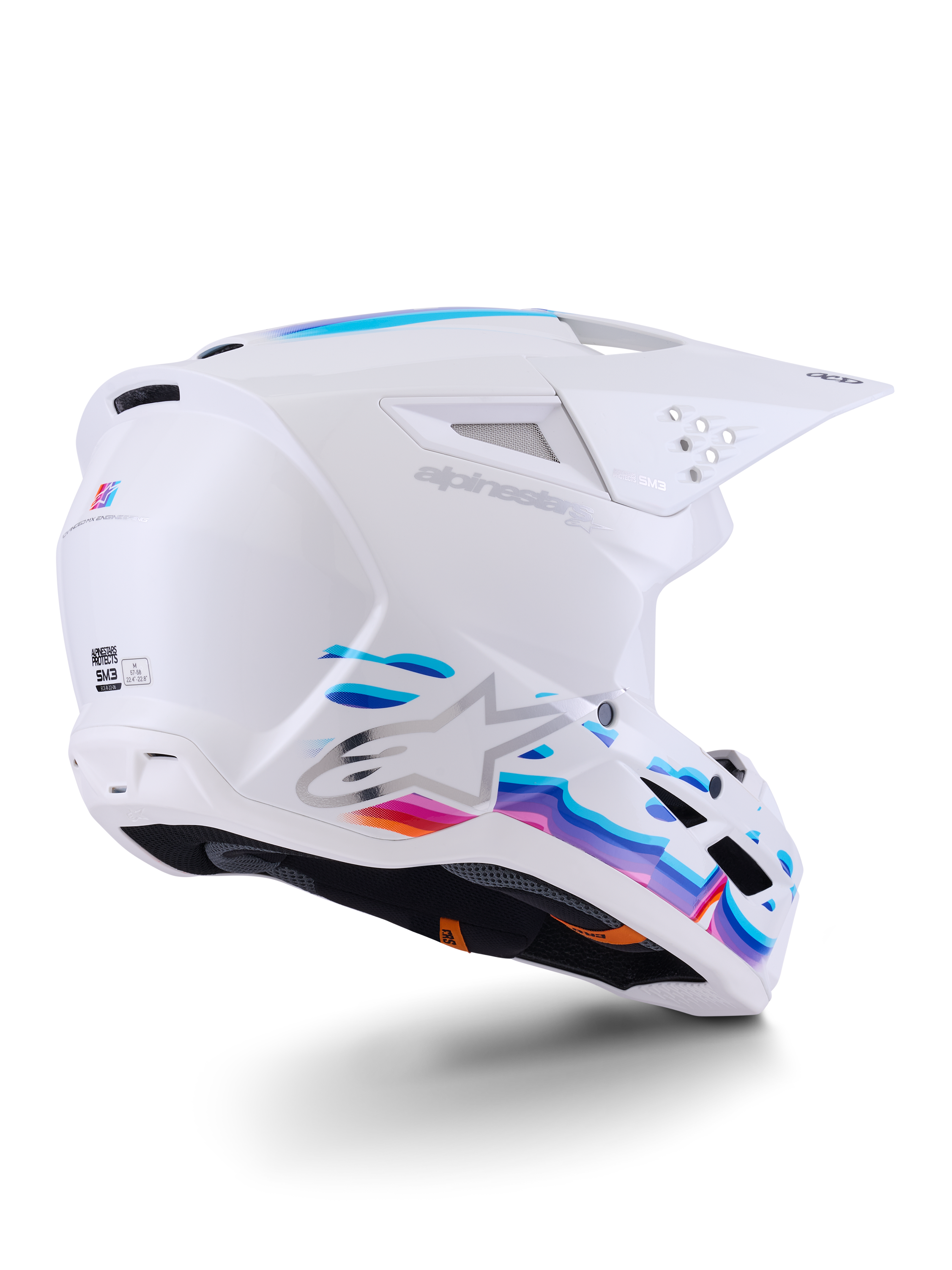 Alpinestars S-M3 Force OCD Helm, Motocross-Helm, Weiß glänzend mit leuchtend blauen und lila fließenden Grafiken, silbernem Astar-Logo und seitlichen Belüftungsöffnungen, aerodynamisches Schalendesign für den Offroad-Rennsport