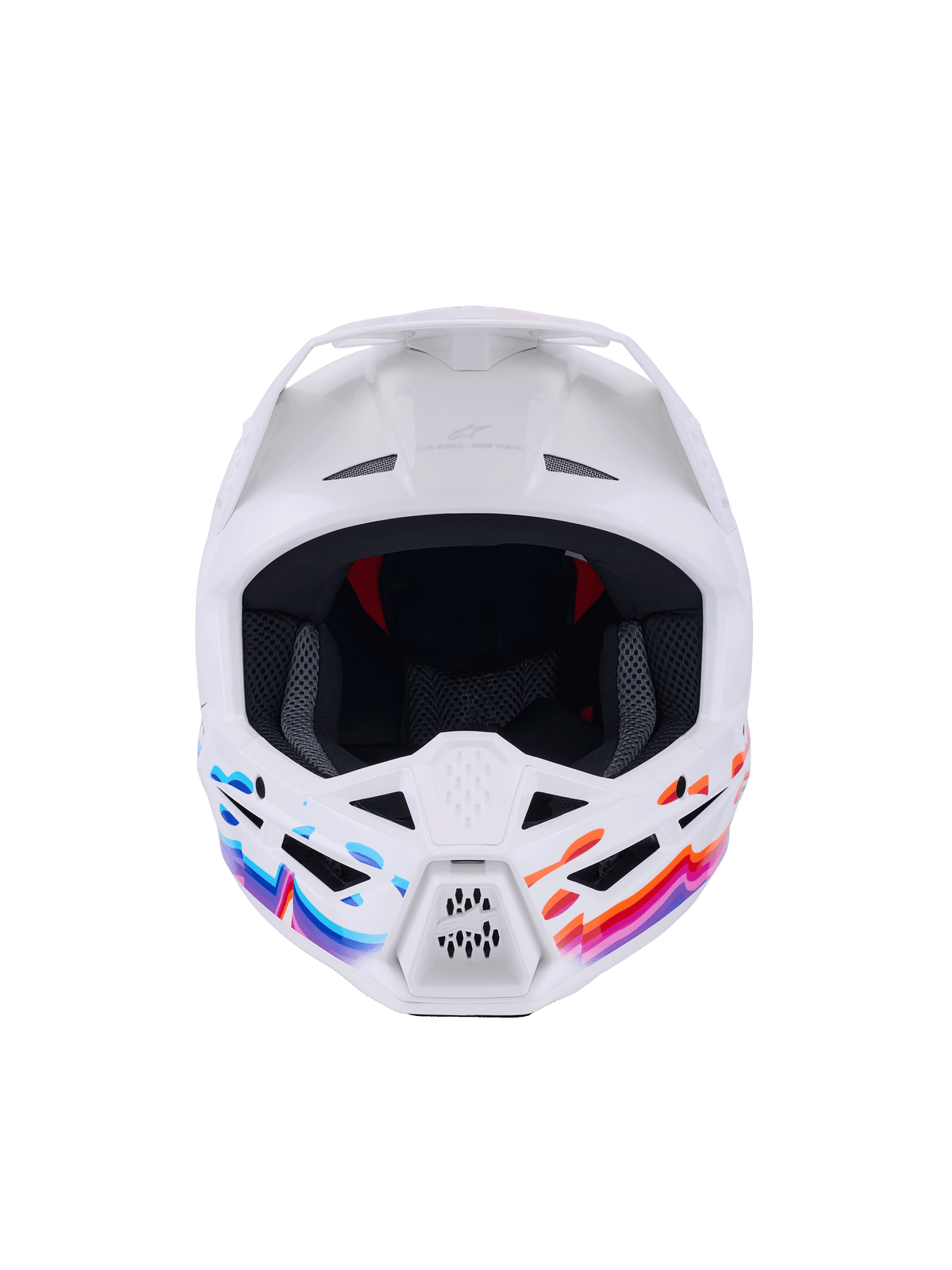Casque Alpinestars S-M3 Force OCD, casque de motocross, blanc brillant avec des graphismes ondulés bleus, roses et orange éclatants, vue de face montrant les entrées de ventilation et la visière blanche, protection de tête professionnelle pour la conduite tout-terrain