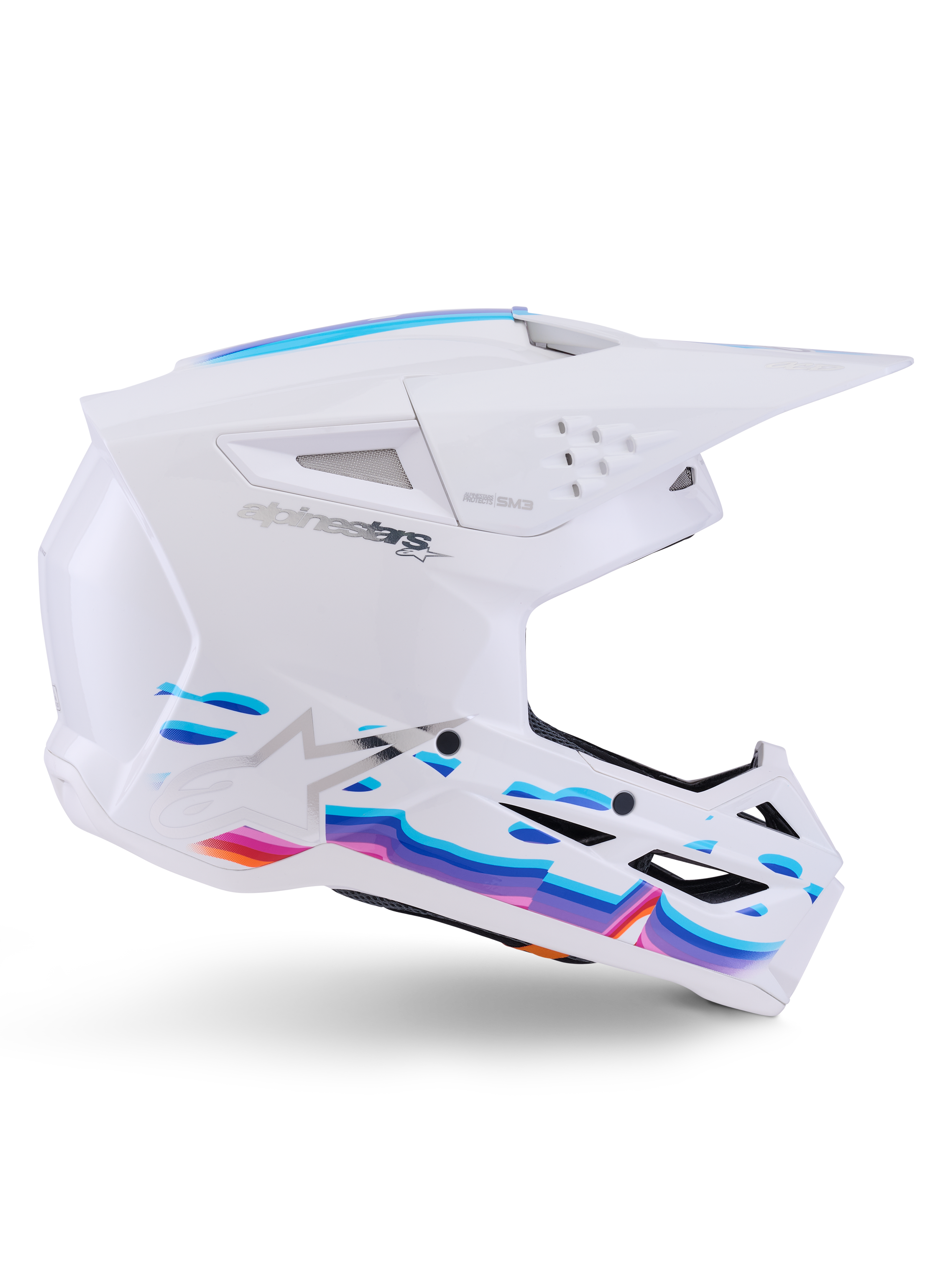 Casque Alpinestars S-M3 Force OCD, White Glossy, casque de motocross avec graphismes de vagues éclatants bleu, violet et orange, profil latéral avec visière aérodynamique et multiples ports de ventilation
