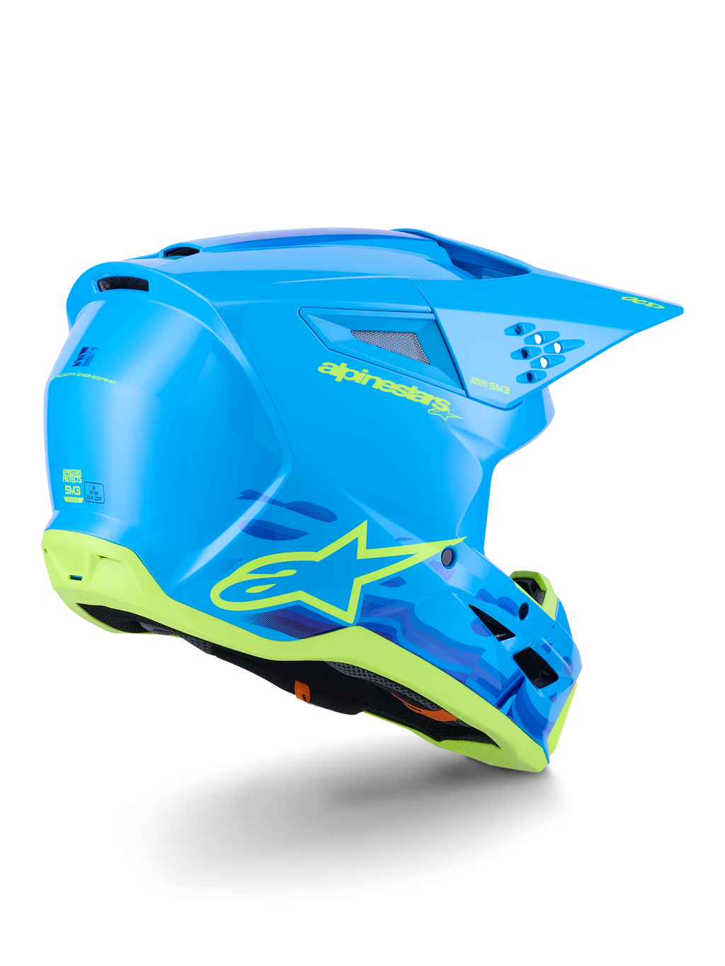 Alpinestars S-M3 Force OCD helm, motorcrosshelm, Cyan Glossy met zwart-witte accenten, voorzien van een gestroomlijnd aerodynamisch ontwerp, geïntegreerde ventilatieopeningen en een beschermend vizier voor off-road prestaties.