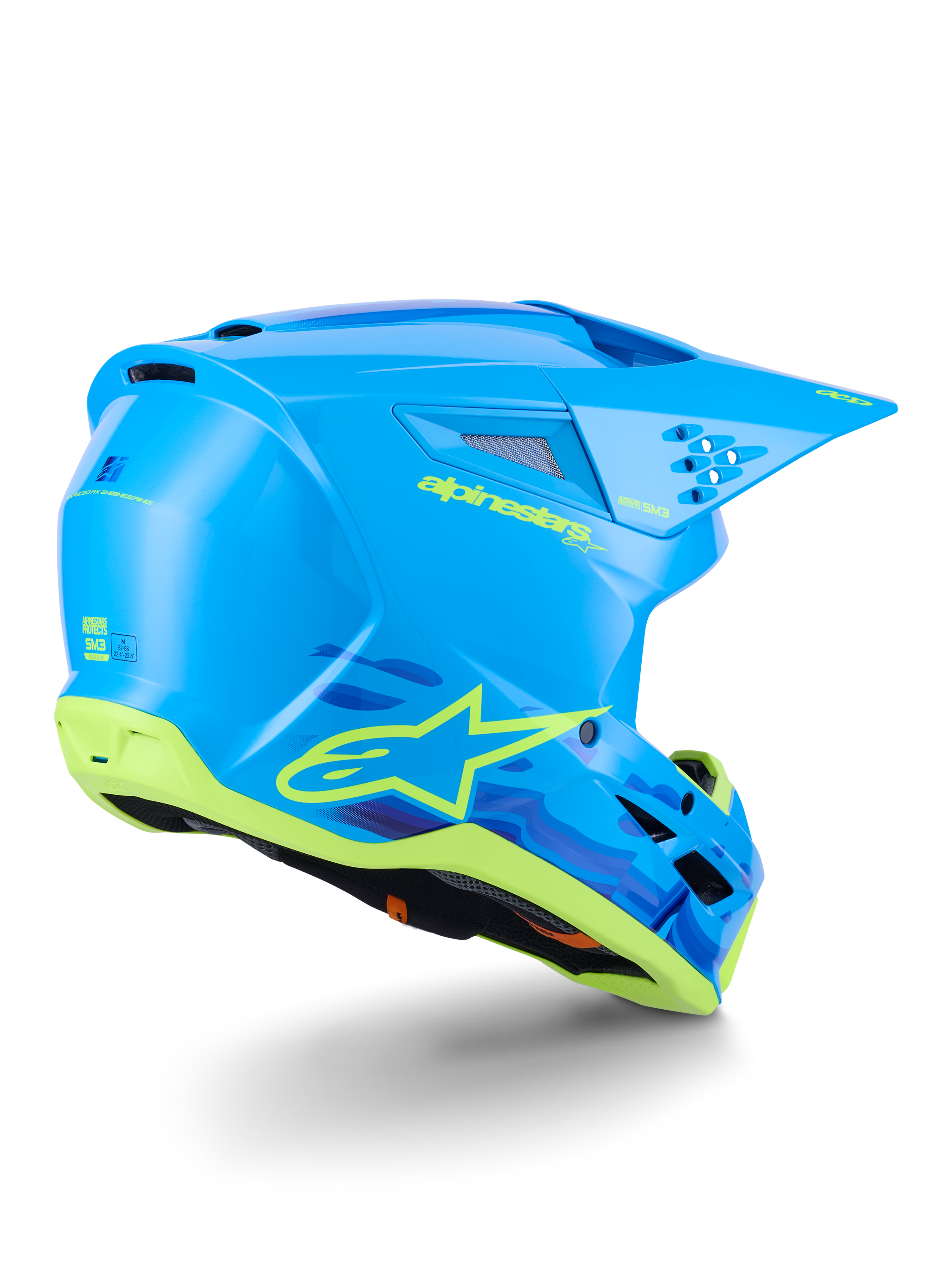 Alpinestars S-M3 Force OCD helm, motorcrosshelm, Cyan Glossy met zwart-witte accenten, voorzien van een gestroomlijnd aerodynamisch ontwerp, geïntegreerde ventilatieopeningen en een beschermend vizier voor off-road prestaties.