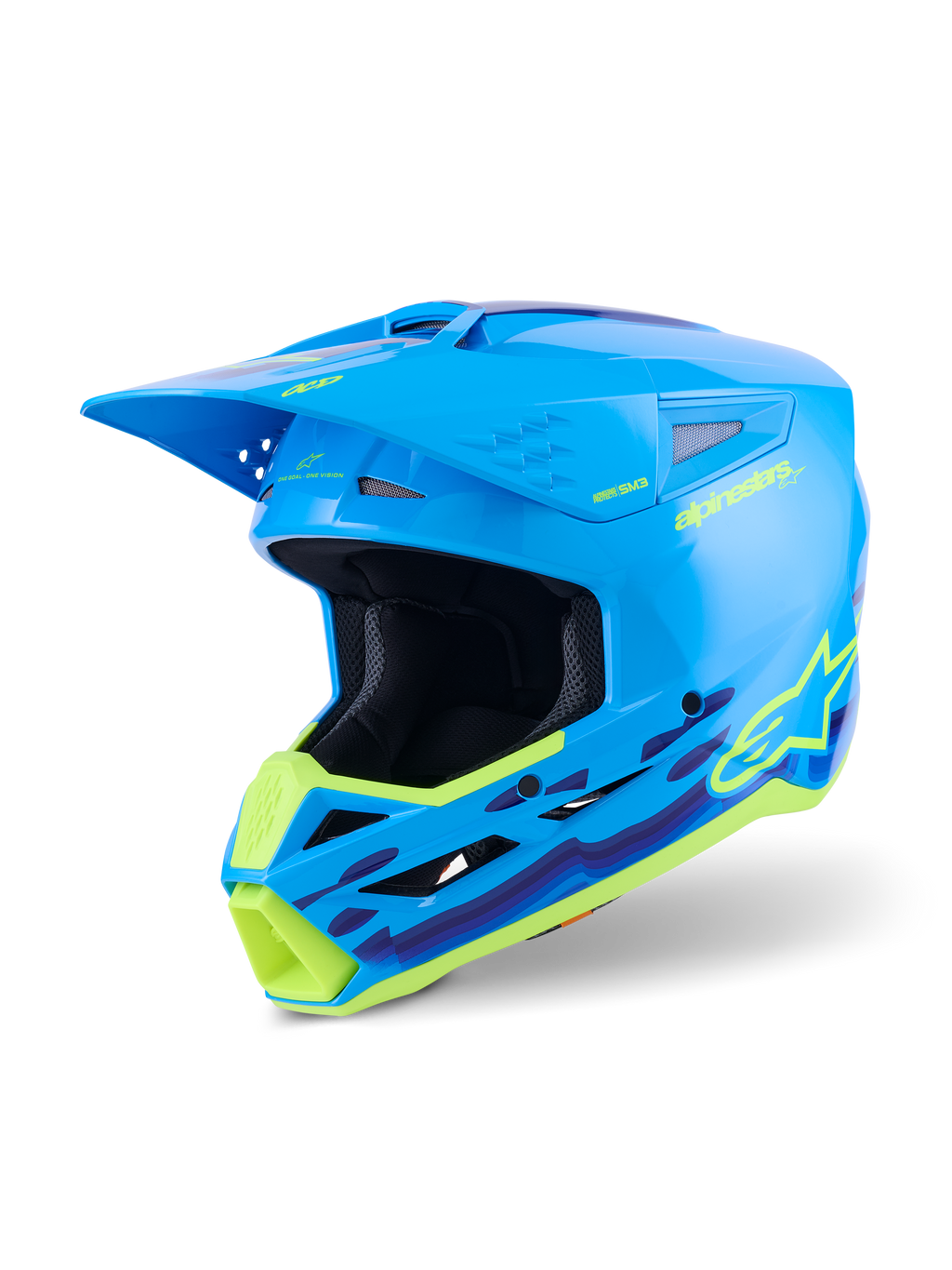 Alpinestars S-M3 Force OCD helm, motorcrosshelm, Cyan Glossy met neongele en paarse golvende graphics, hoogglans afwerking met prominent Alpinestars-logo, ontworpen voor off-road impactbescherming en ventilatie