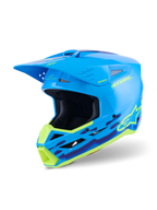 Alpinestars S-M3 Force OCD helm, motorcrosshelm, Cyan Glossy met neongele en paarse golvende graphics, hoogglans afwerking met prominent Alpinestars-logo, ontworpen voor off-road impactbescherming en ventilatie