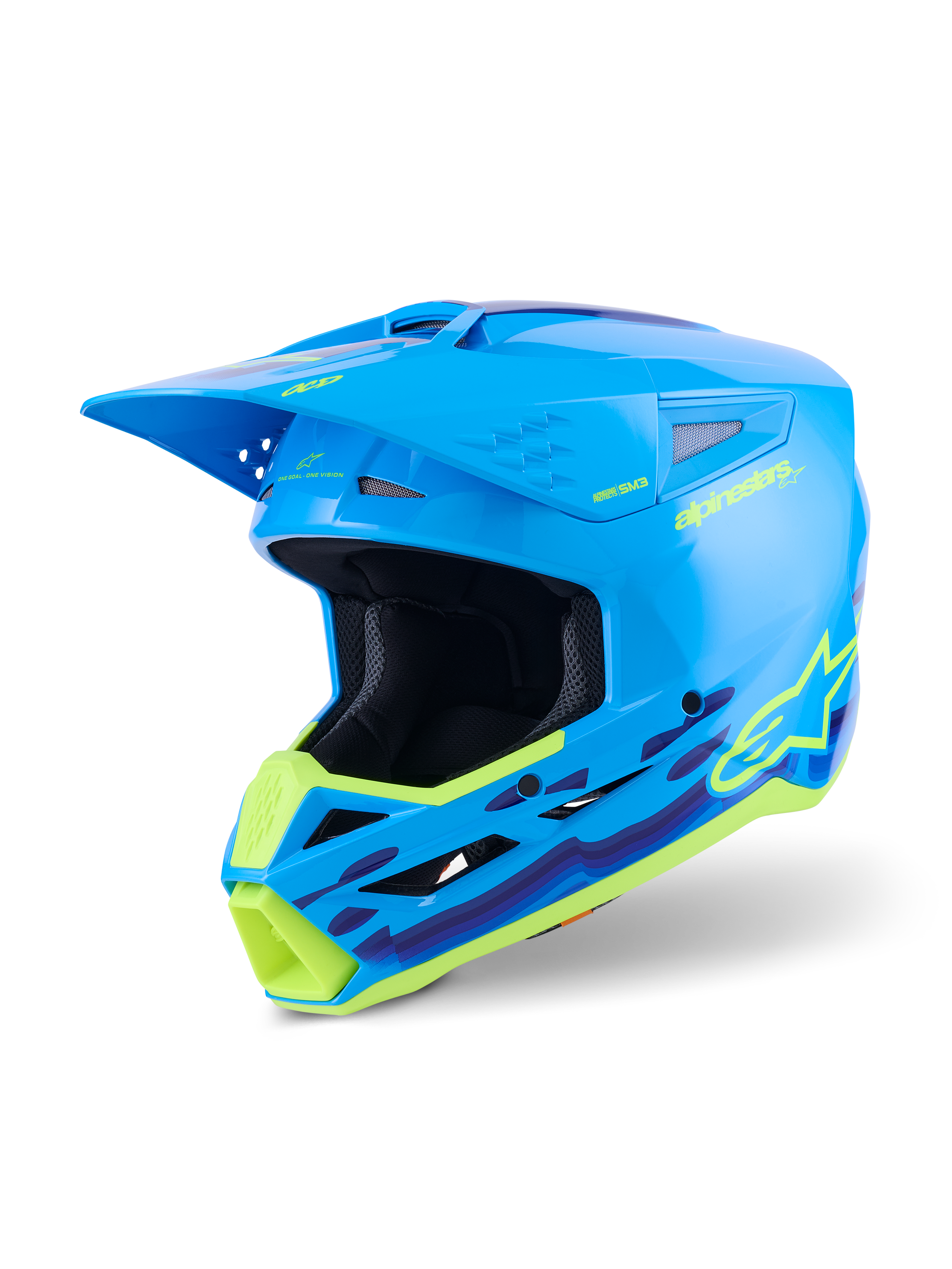 Alpinestars S-M3 Force OCD helm, motorcrosshelm, Cyan Glossy met neongele en paarse golvende graphics, hoogglans afwerking met prominent Alpinestars-logo, ontworpen voor off-road impactbescherming en ventilatie