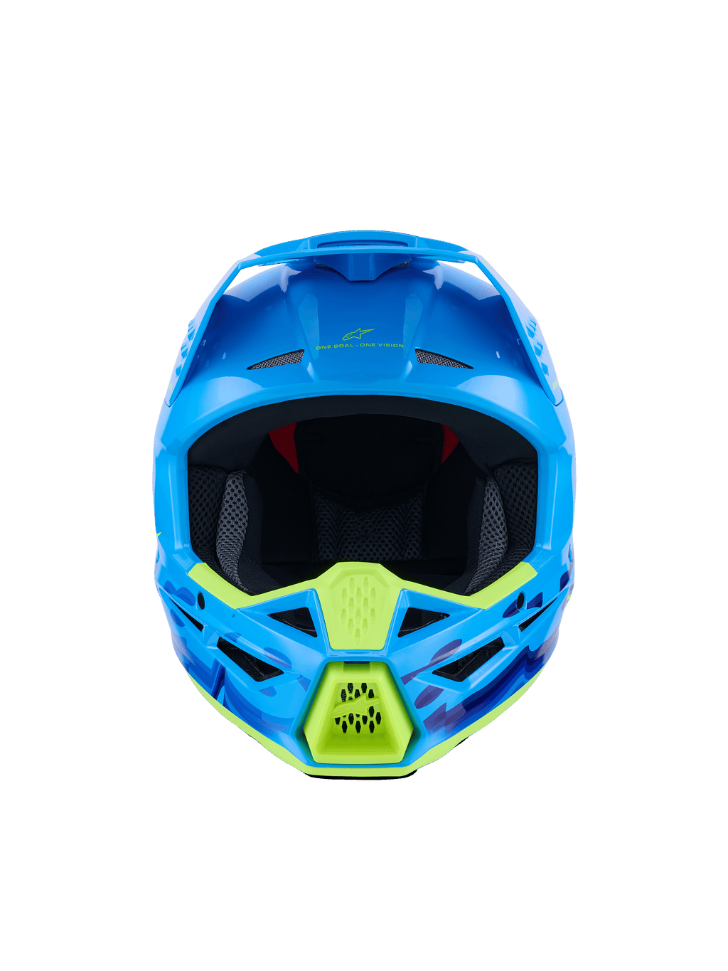 Alpinestars S-M3 Force OCD helm, motorcrosshelm, Cyan Glossy met neongele accenten, vooraanzicht, met blauwe en paarse camouflage-graphics, agressieve ventilatieopeningen en een gestroomlijnd aerodynamisch schaalontwerp