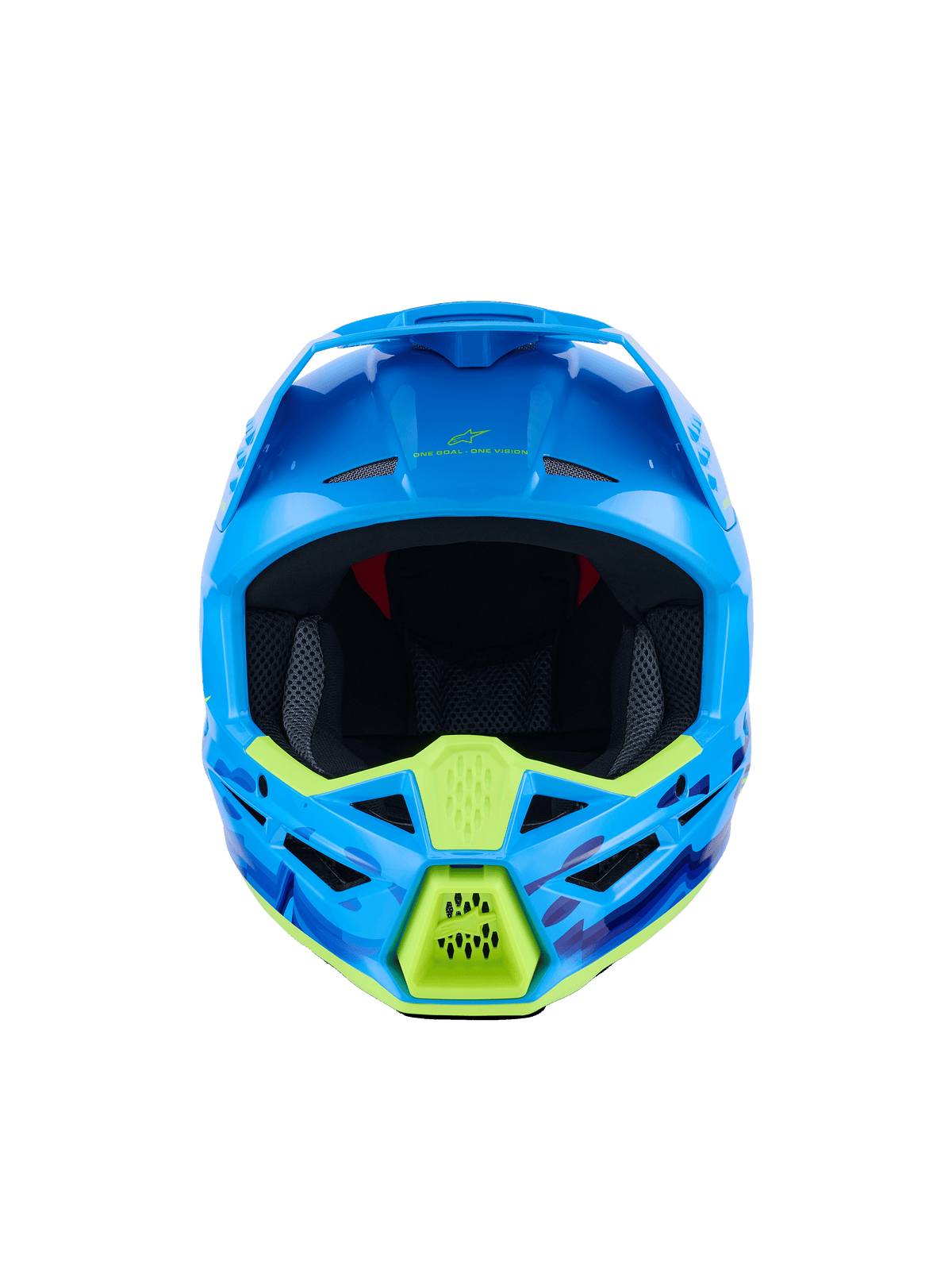 Casque Alpinestars S-M3 Force OCD, casque de motocross, cyan brillant avec accents jaune fluo, vue de face, graphismes camouflage bleus et violets, orifices de ventilation agressifs et coque au design aérodynamique élégant