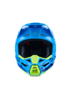 Alpinestars S-M3 Force OCD helm, motorcrosshelm, Cyan Glossy met neongele accenten, vooraanzicht, met blauwe en paarse camouflage-graphics, agressieve ventilatieopeningen en een gestroomlijnd aerodynamisch schaalontwerp