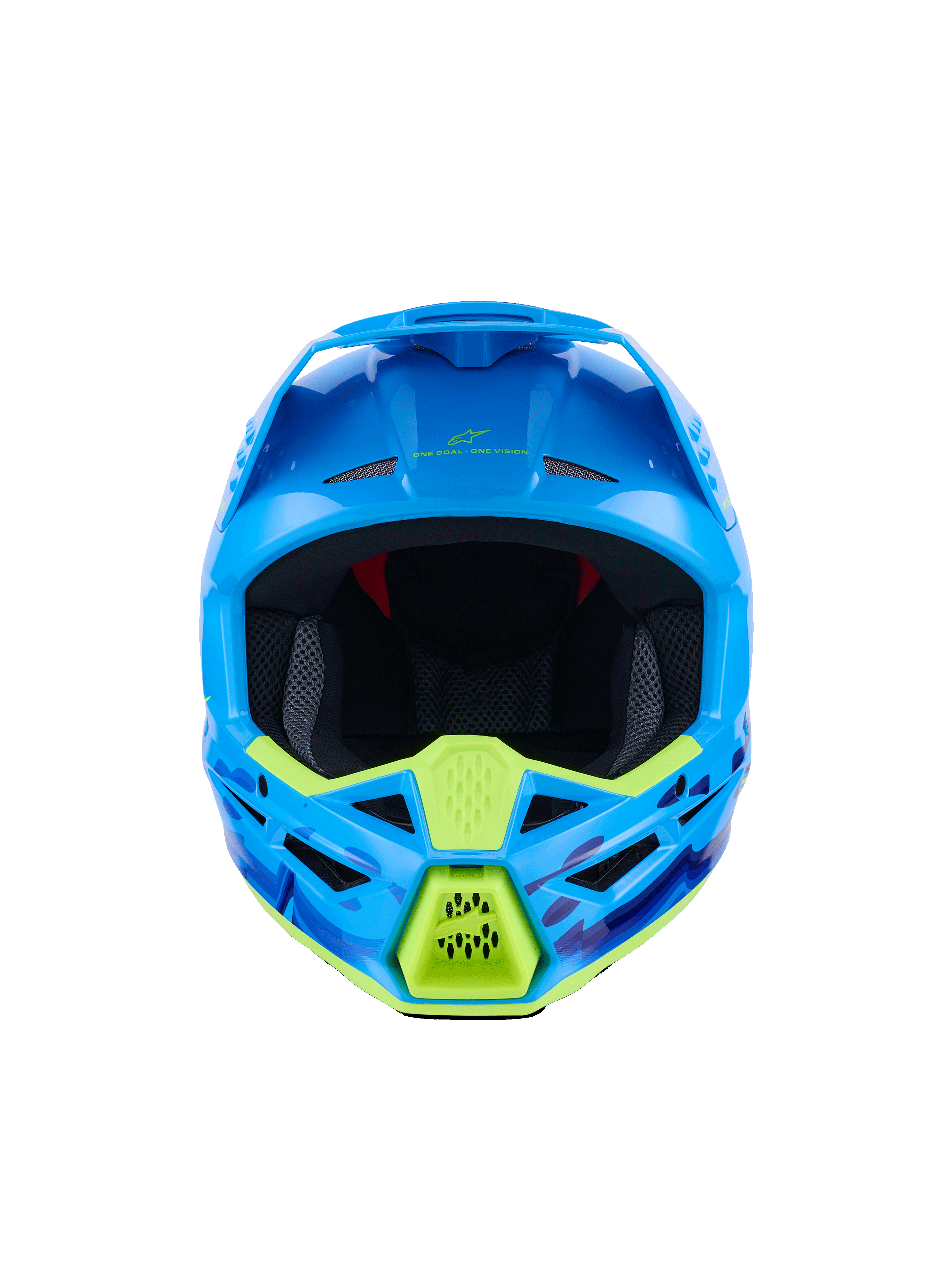 Alpinestars S-M3 Force OCD helm, motorcrosshelm, Cyan Glossy met neongele accenten, vooraanzicht, met blauwe en paarse camouflage-graphics, agressieve ventilatieopeningen en een gestroomlijnd aerodynamisch schaalontwerp