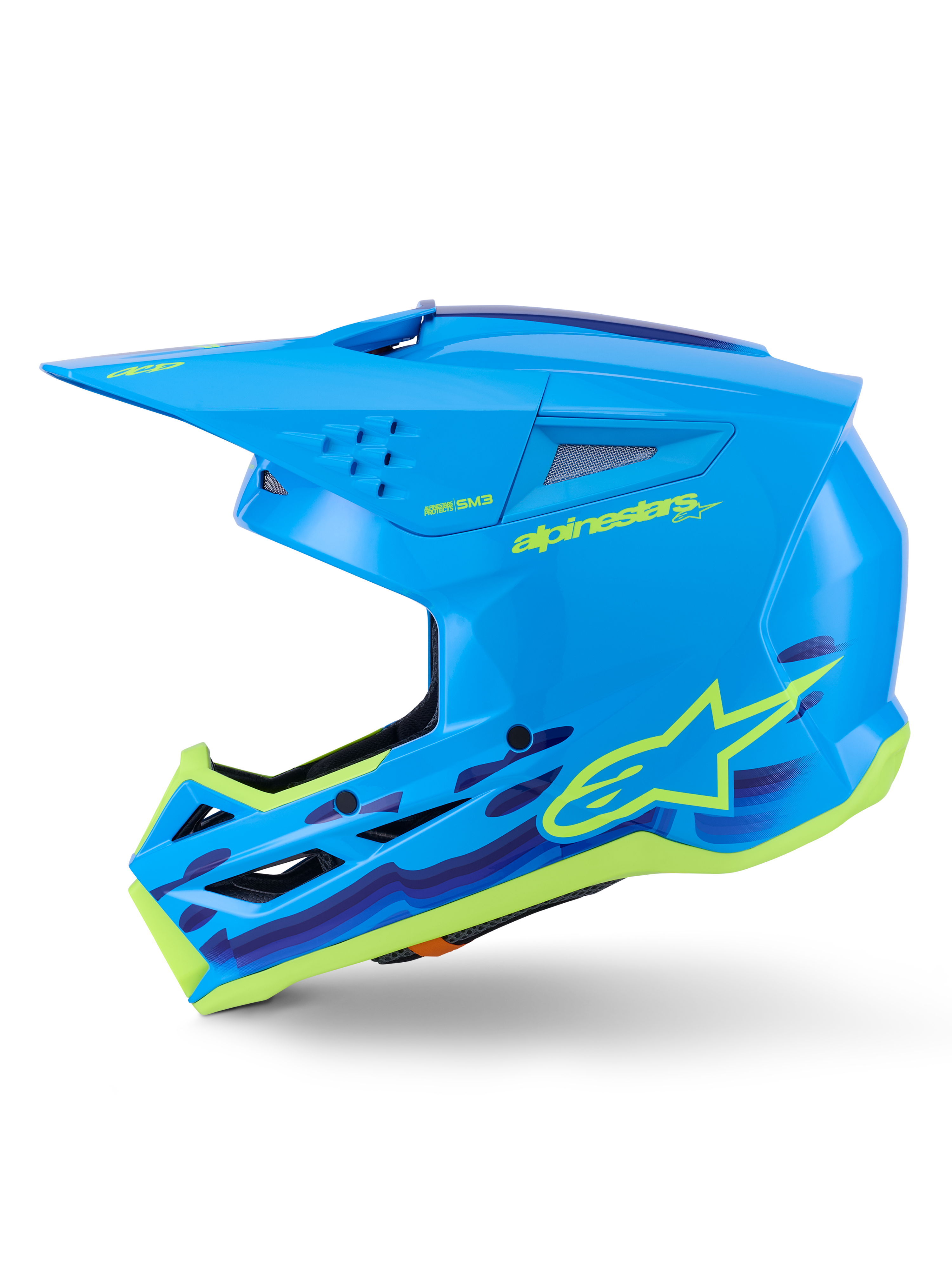 Alpinestars S-M3 Force OCD helm, motorcrosshelm, Cyan Glossy met grafische accenten, voorzien van een gestroomlijnde schaal, beschermend vizier en high-flow ventilatie voor off-road racen